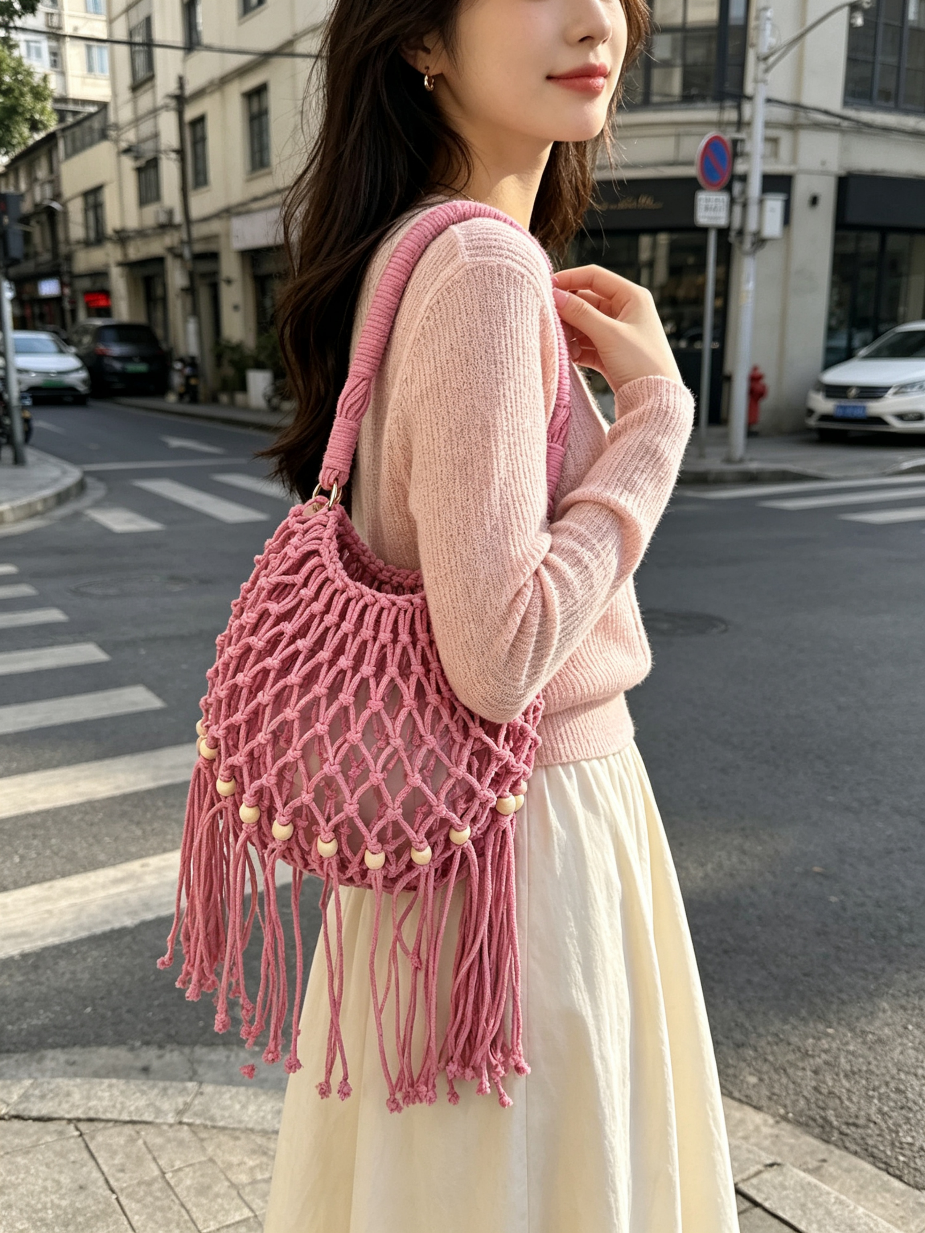 Pink Macrame Shoulder Bag with Wooden Accents