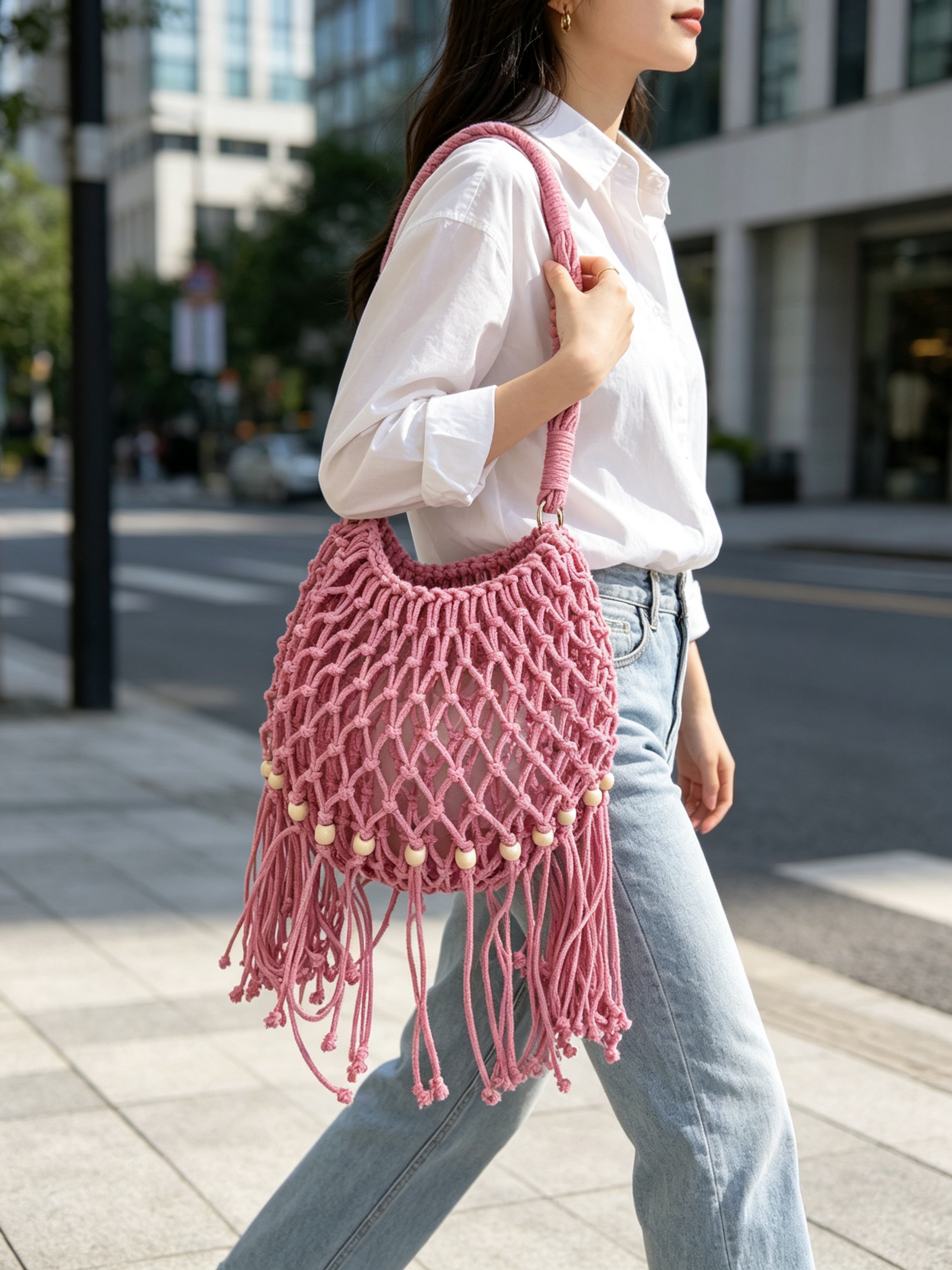 Pink Macrame Shoulder Bag with Wooden Accents