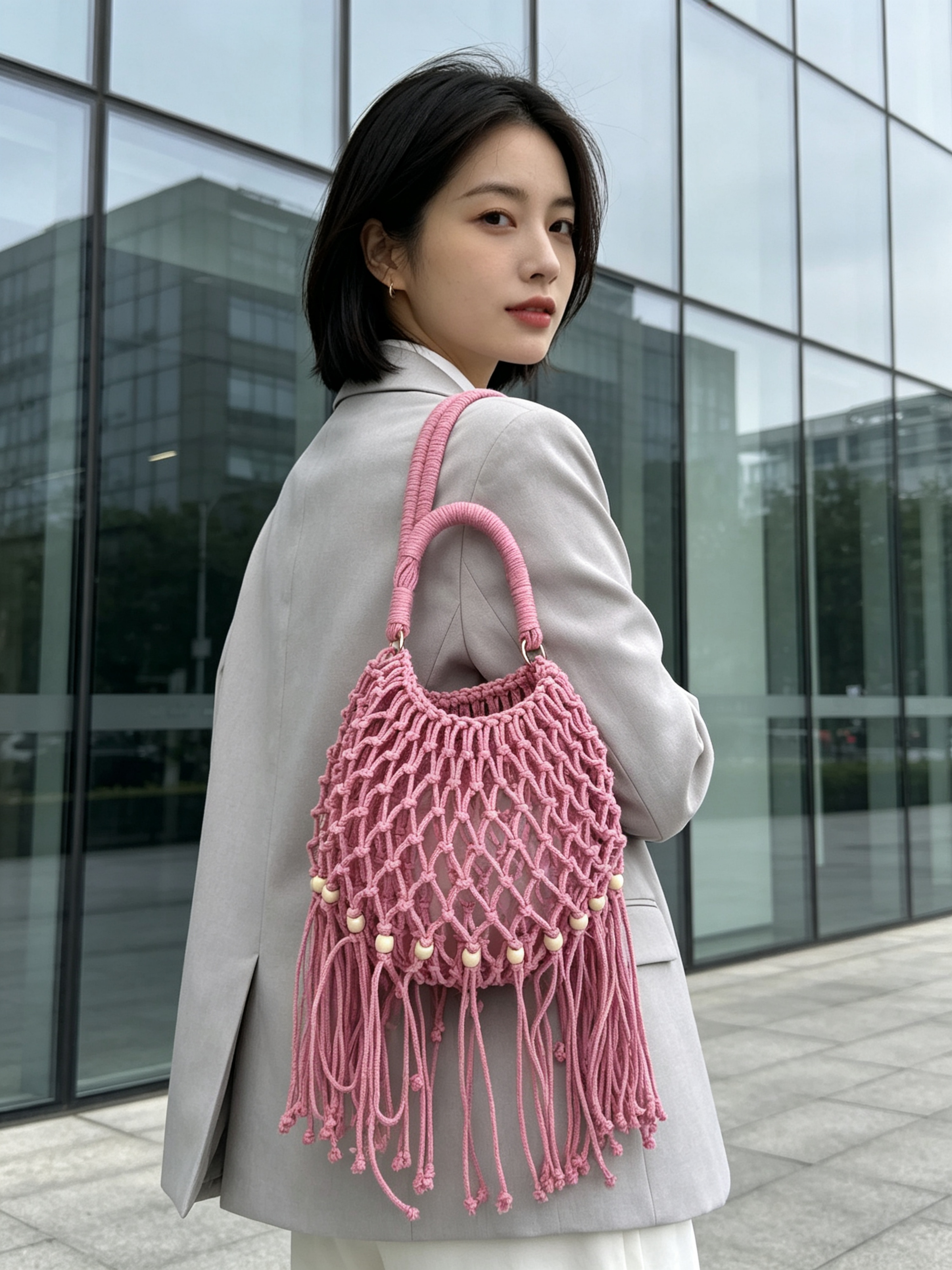 Pink Macrame Shoulder Bag with Wooden Accents