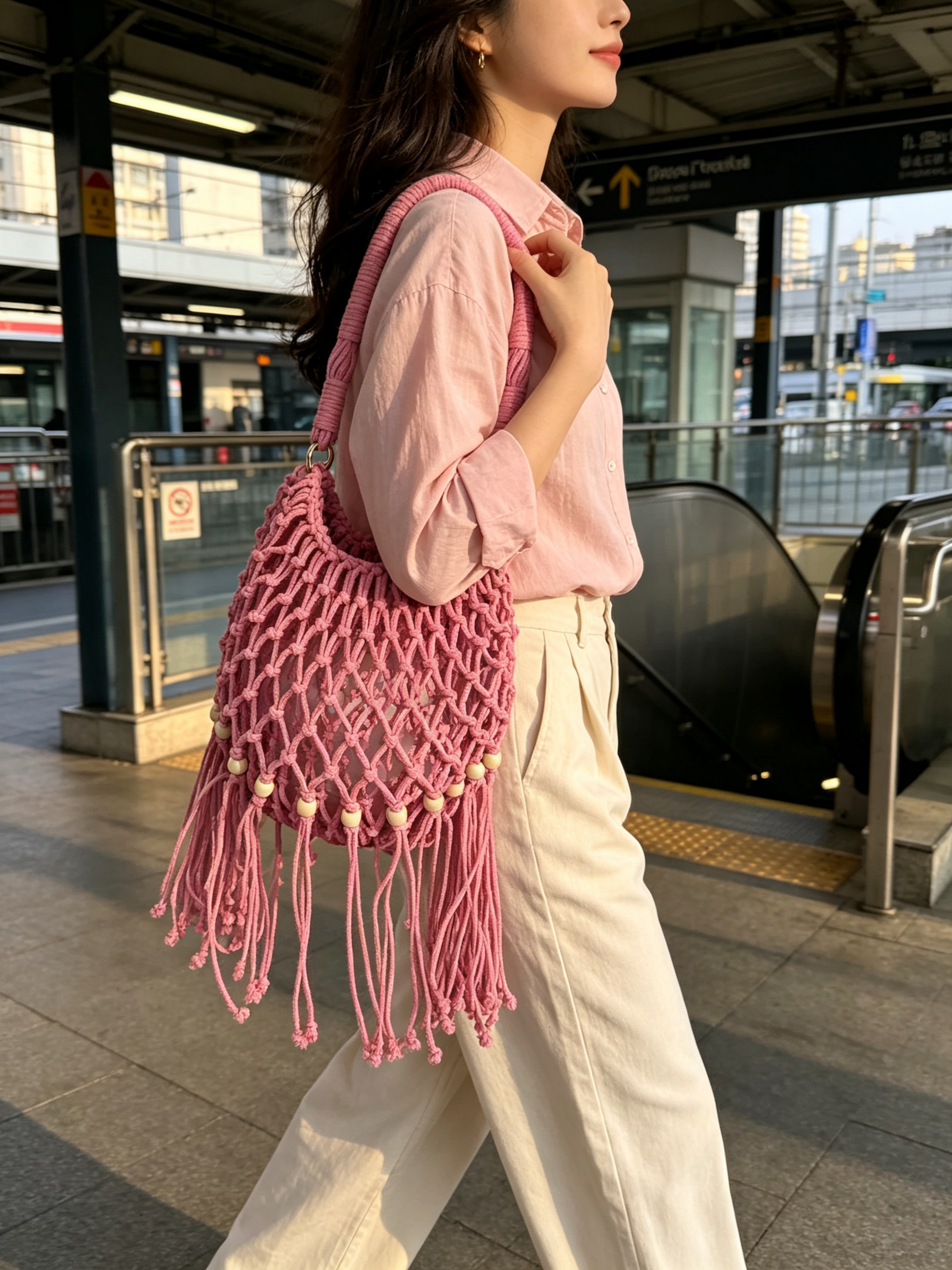 Pink Macrame Shoulder Bag with Wooden Accents