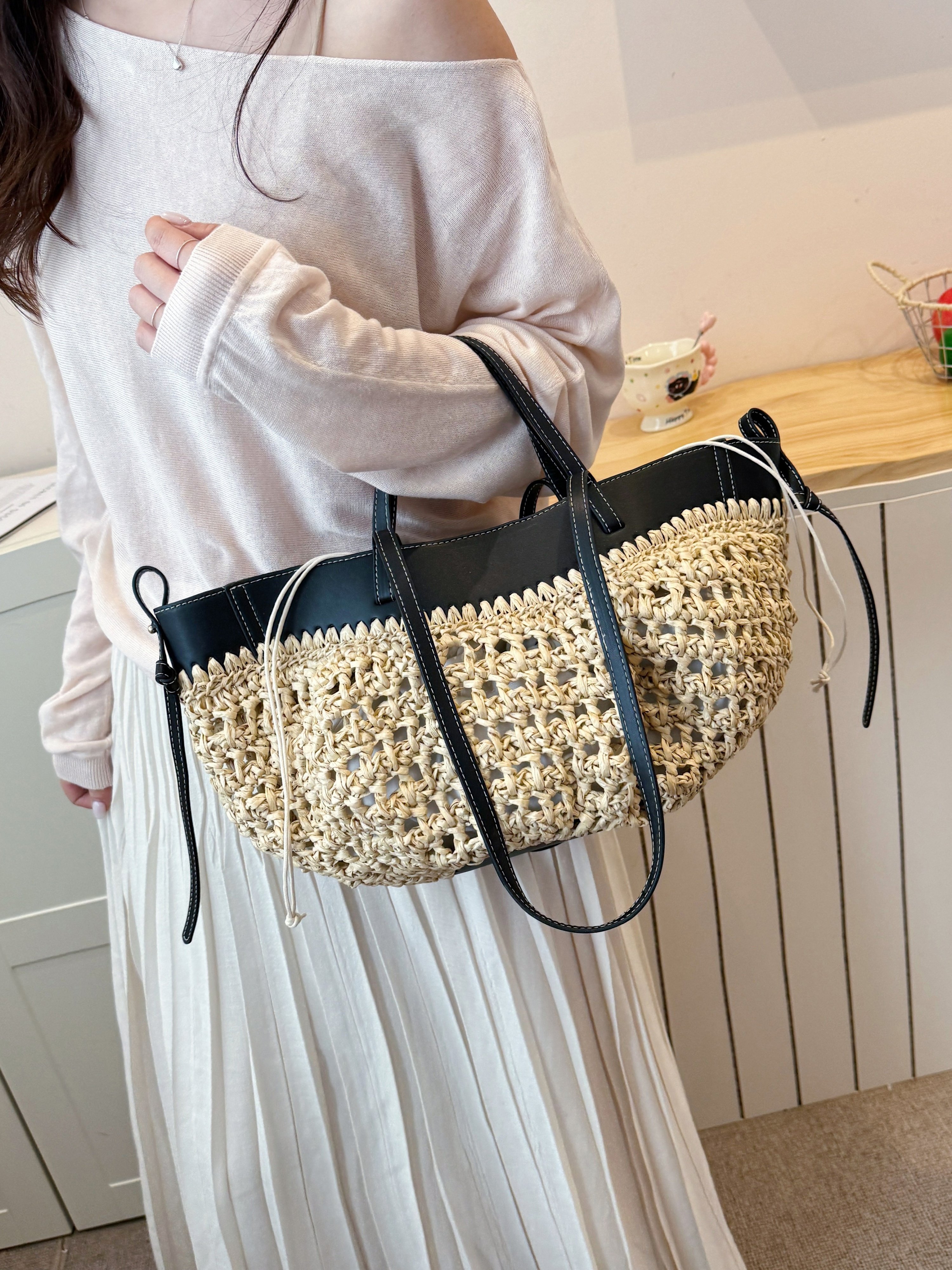 Black and Straw Shoulder Bag