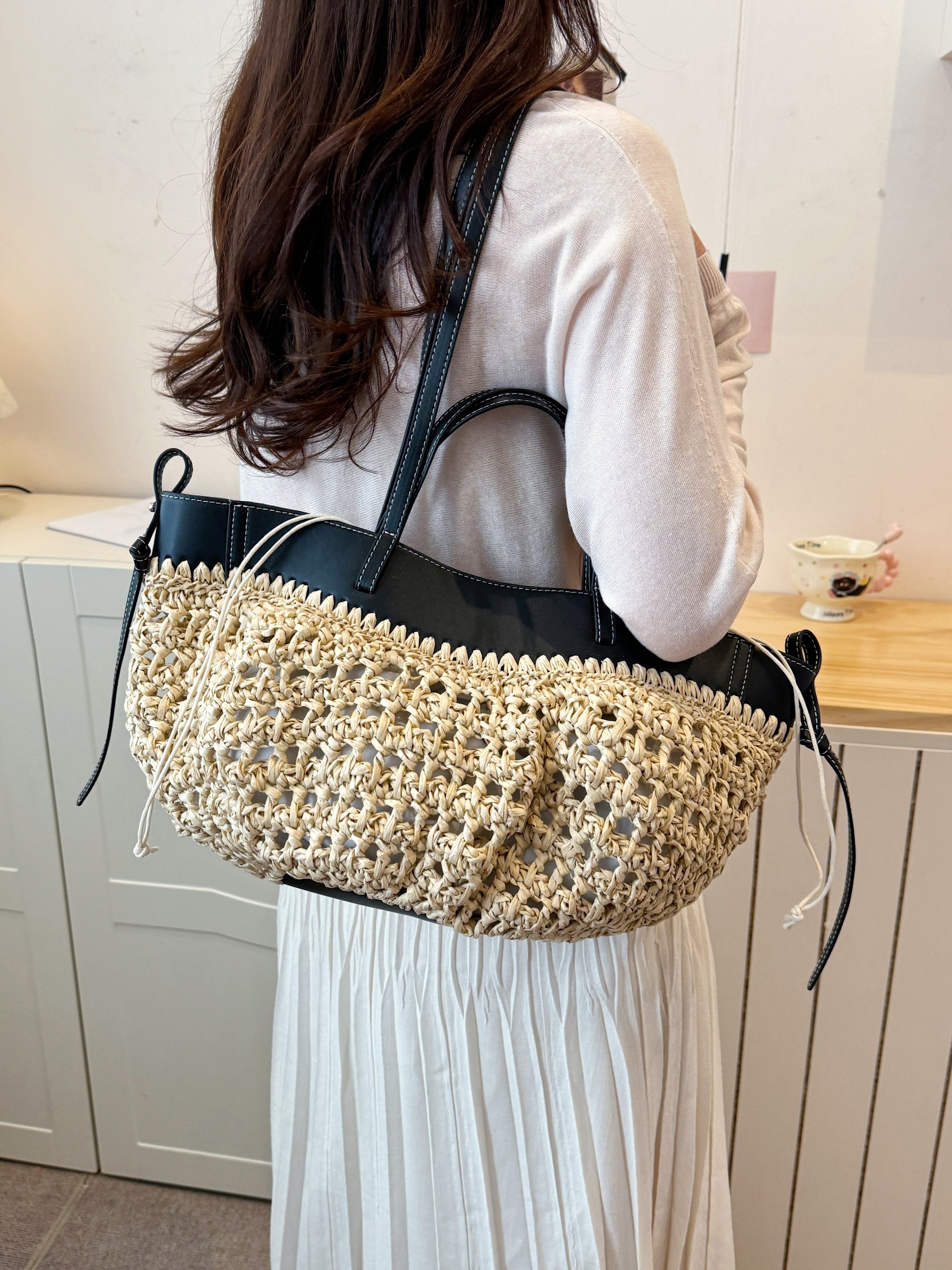 Black and Straw Shoulder Bag
