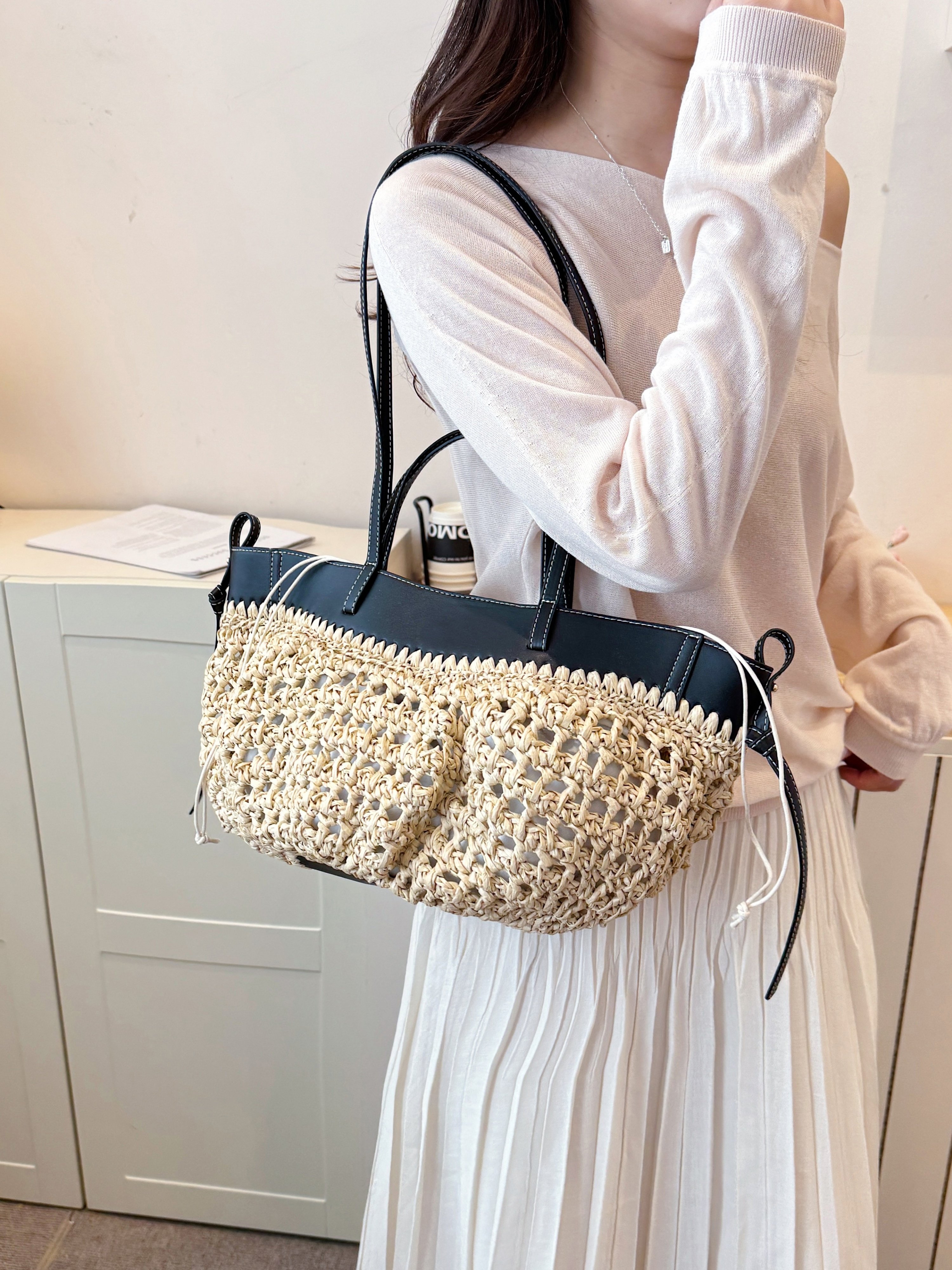 Black and Straw Shoulder Bag
