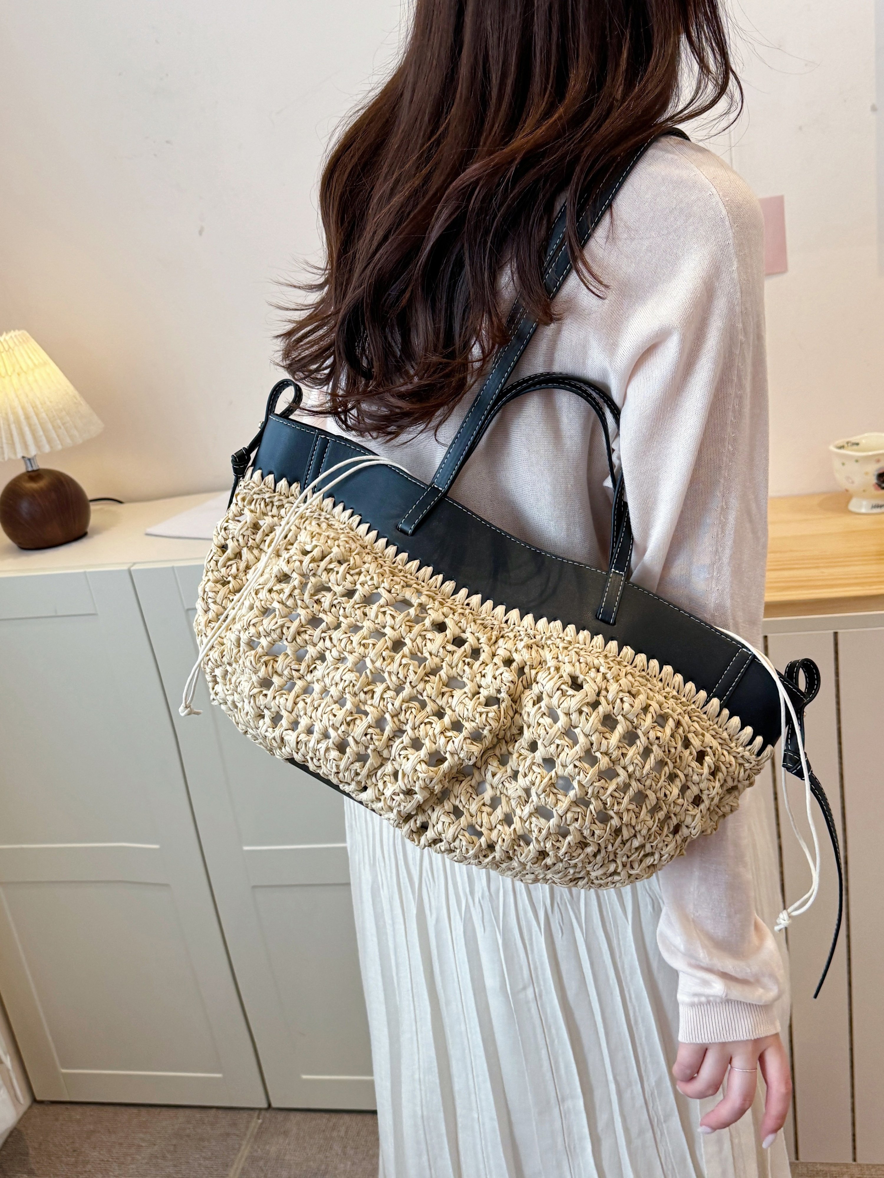 Black and Straw Shoulder Bag