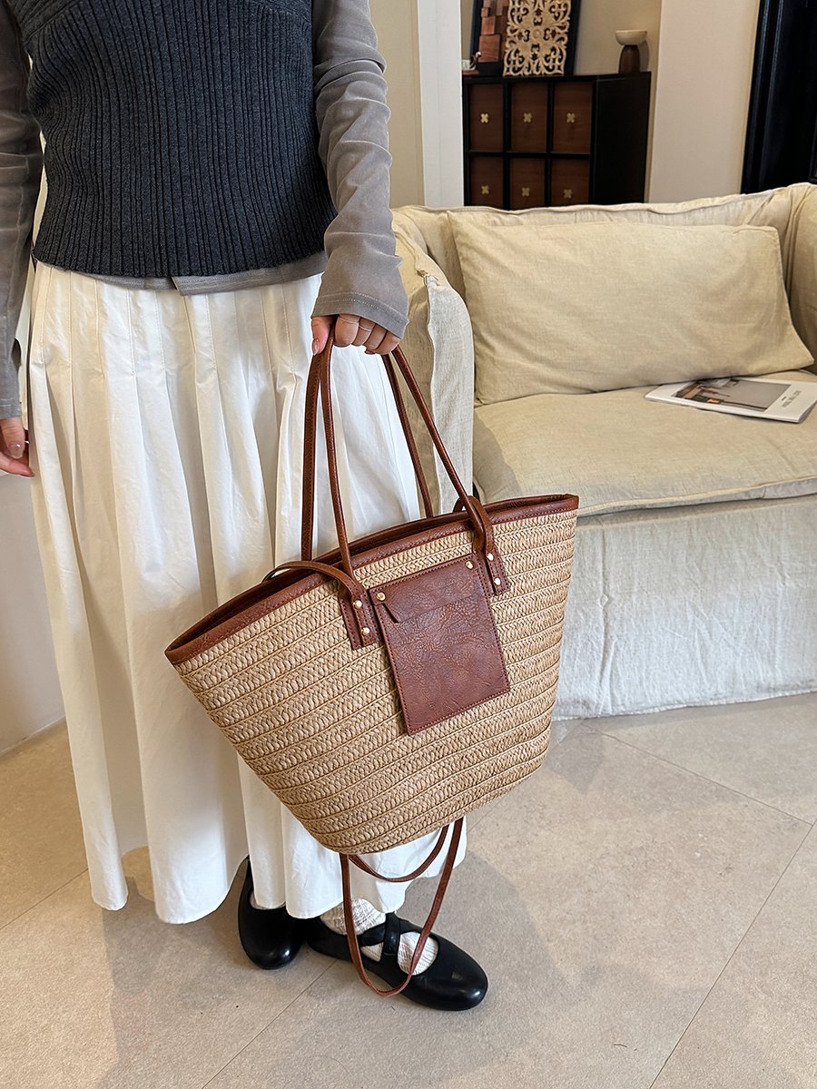 Beige Straw Tote Bag with Faux Leather Trim