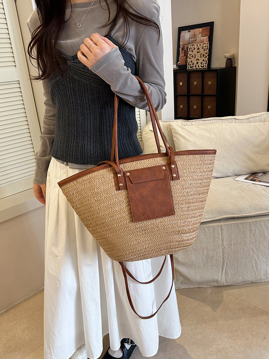 Beige Straw Tote Bag with Faux Leather Trim