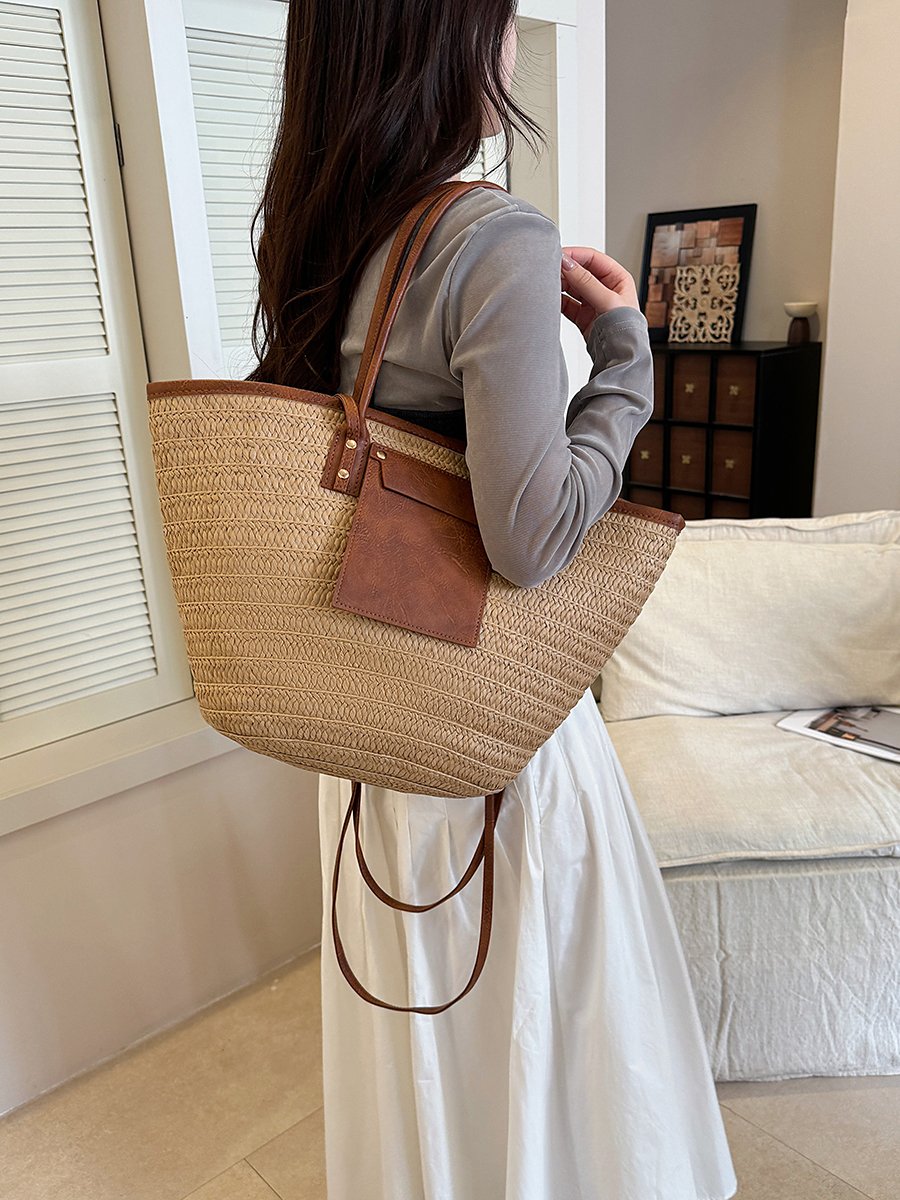 Beige Straw Tote Bag with Faux Leather Trim