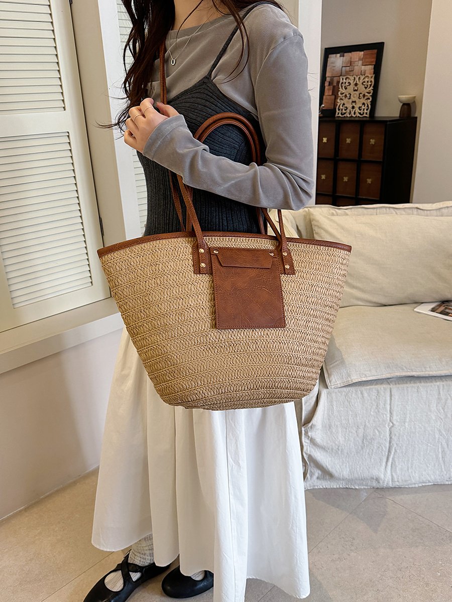 Beige Straw Tote Bag with Faux Leather Trim