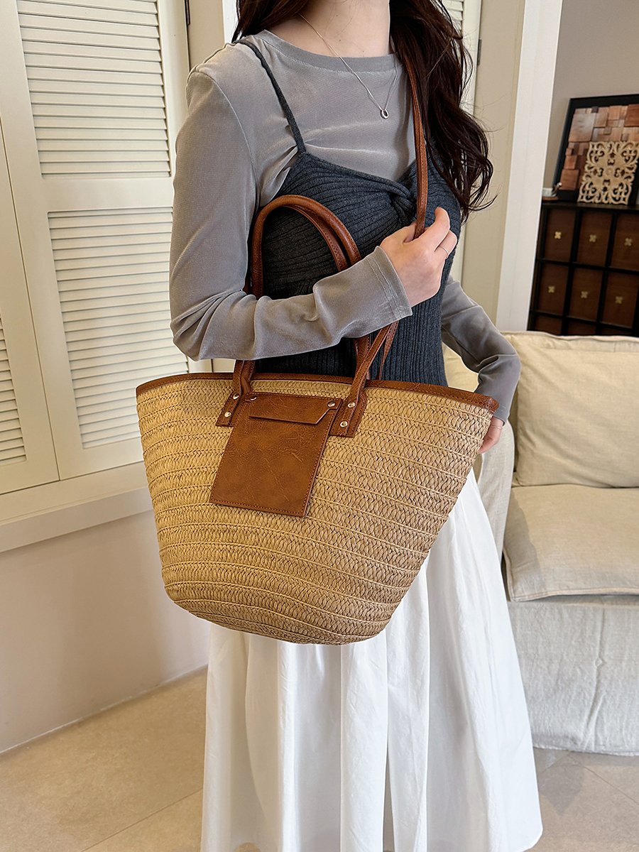 Beige Straw Tote Bag with Faux Leather Trim