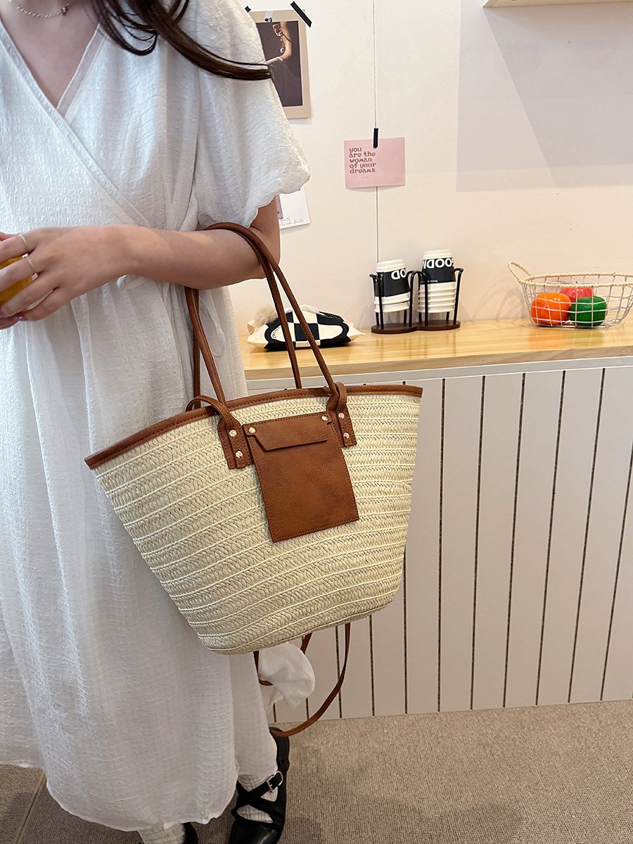 Beige Woven Straw Tote Shoulder Bag