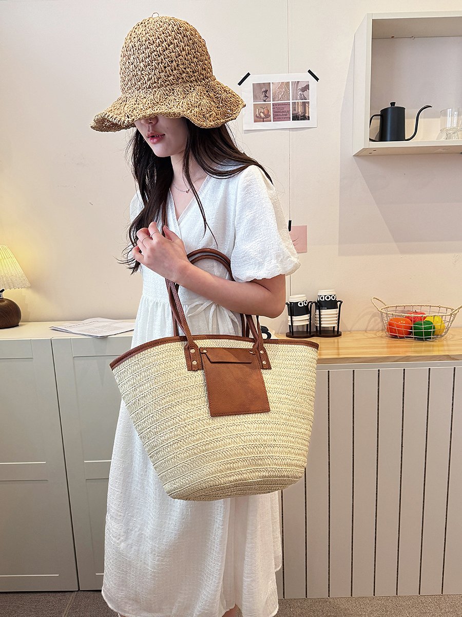 Beige Woven Straw Tote Shoulder Bag