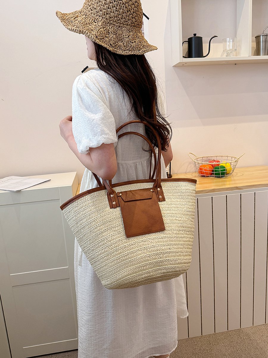 Beige Woven Straw Tote Shoulder Bag