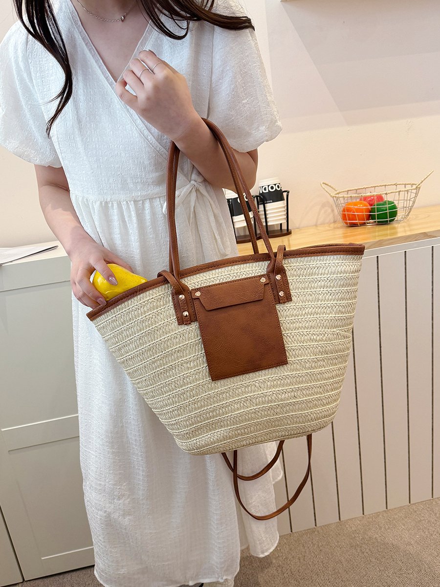 Beige Woven Straw Tote Shoulder Bag