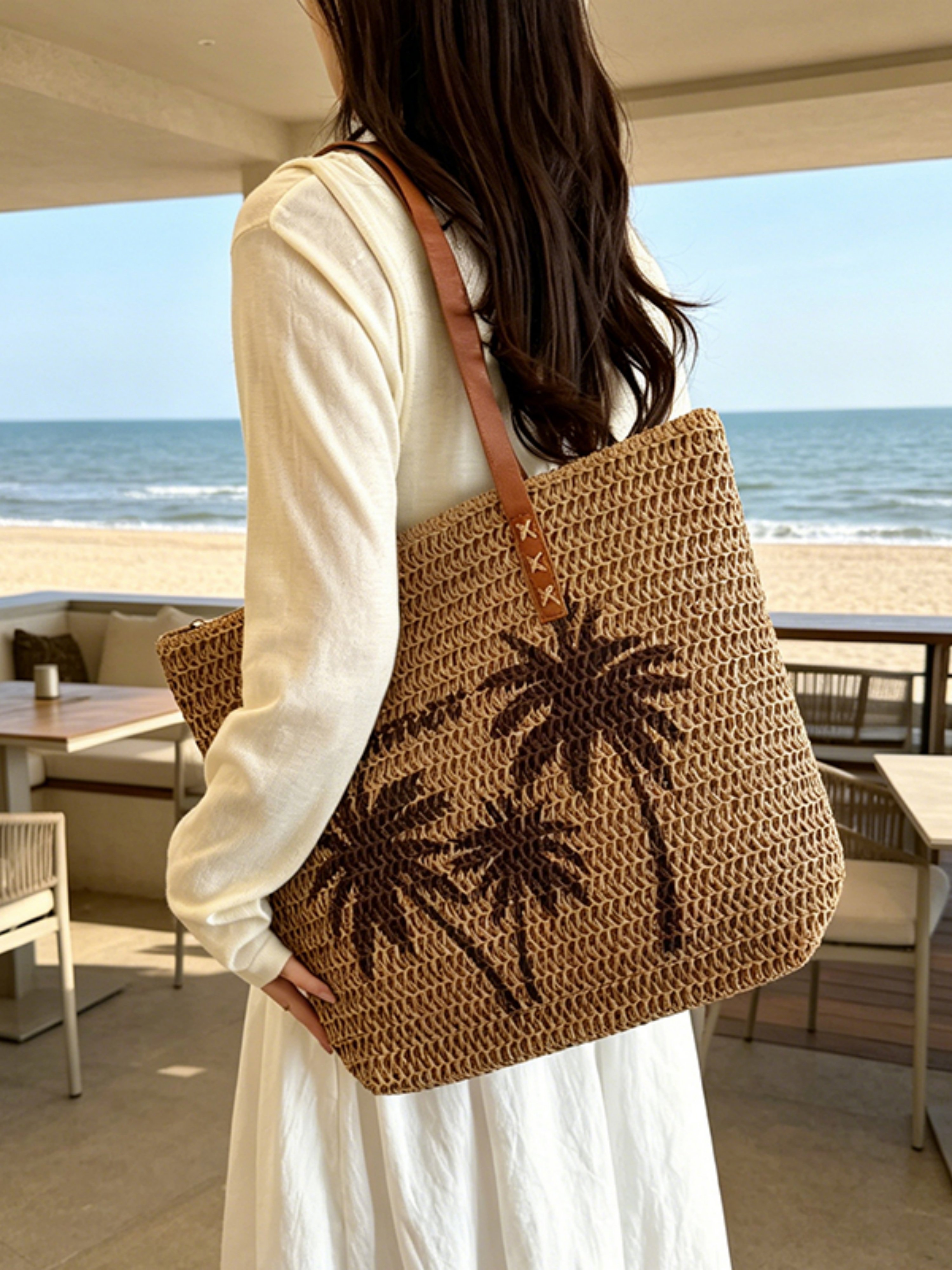 Tan Palm Tree Woven Beach Tote Bag