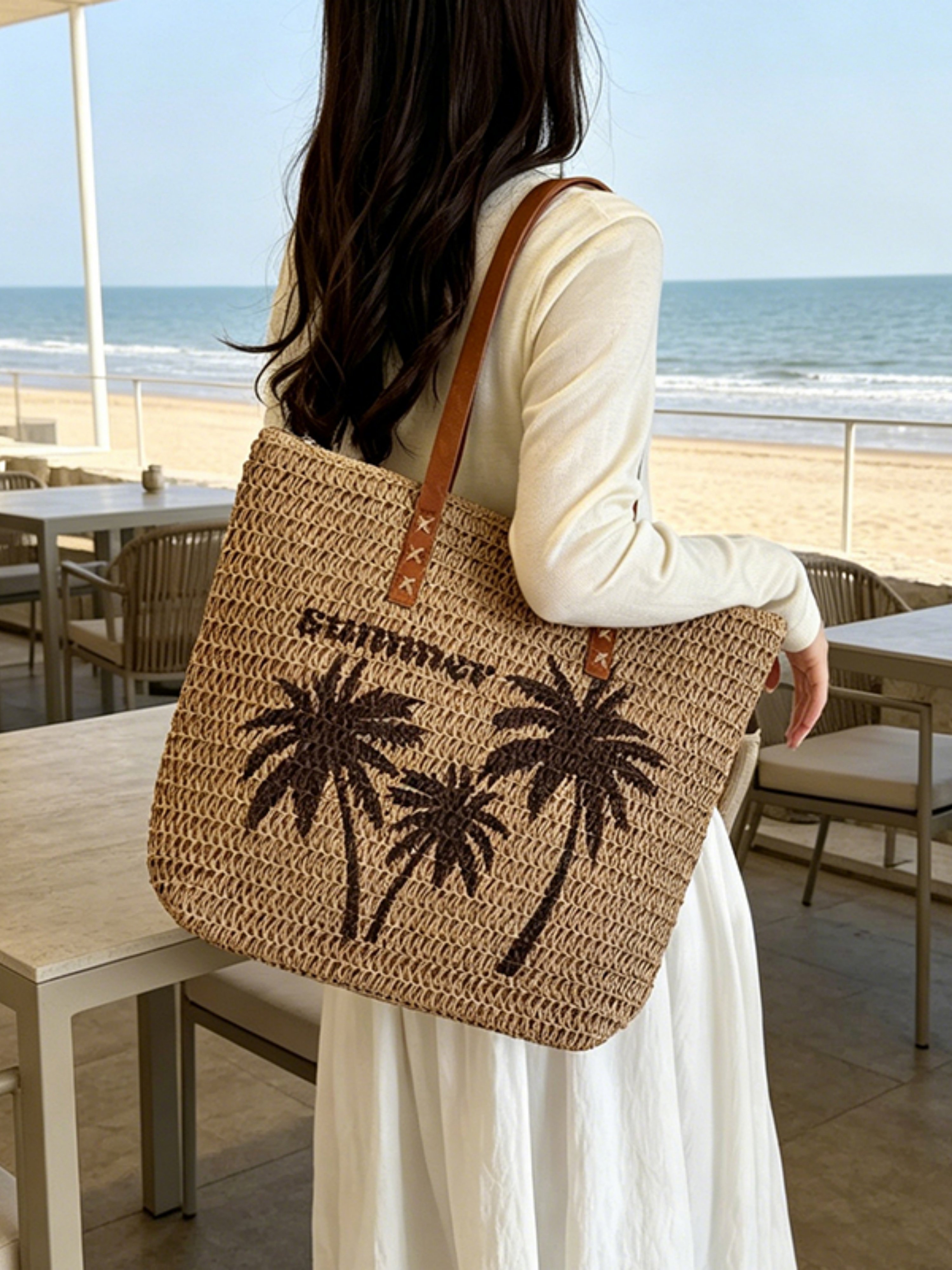 Tan Palm Tree Woven Beach Tote Bag