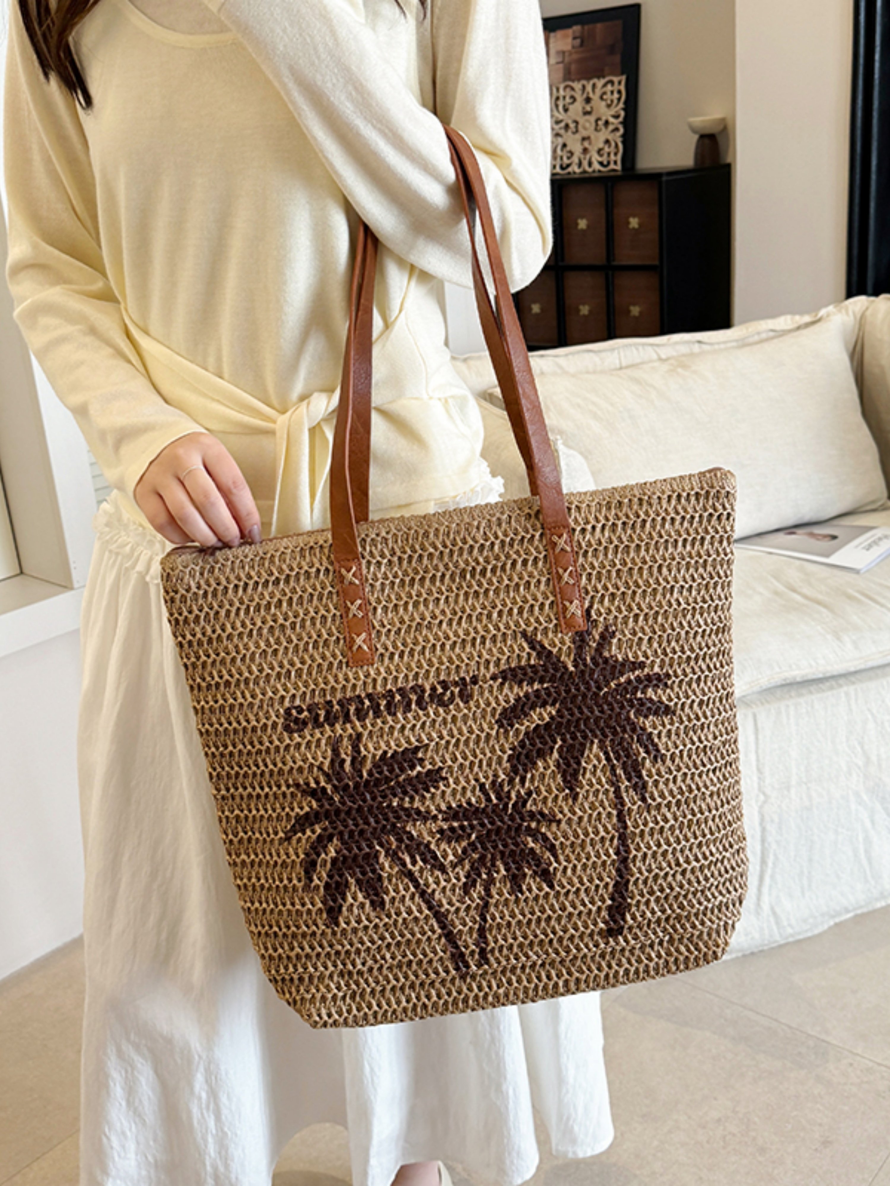 Tan Palm Tree Woven Beach Tote Bag