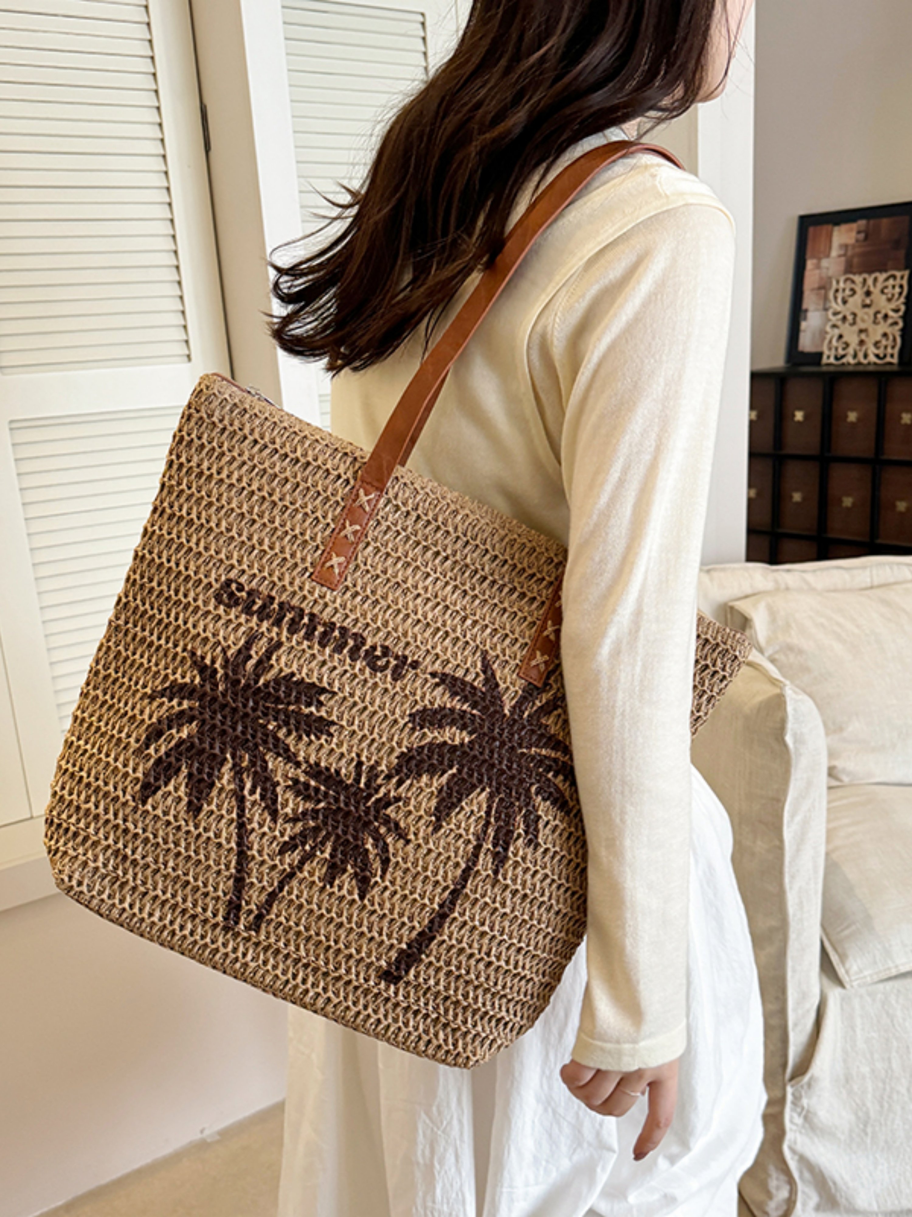 Tan Palm Tree Woven Beach Tote Bag