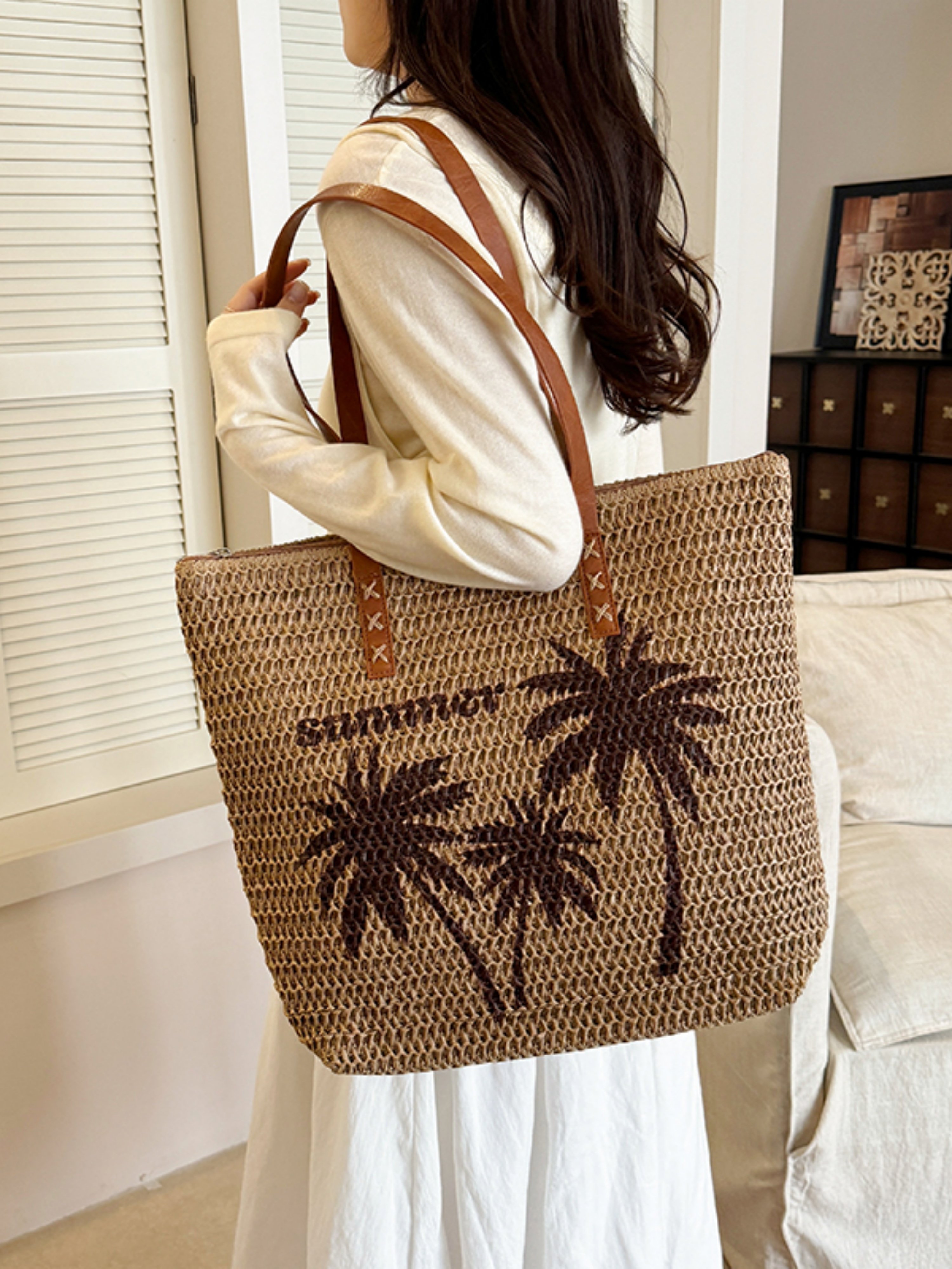 Tan Palm Tree Woven Beach Tote Bag