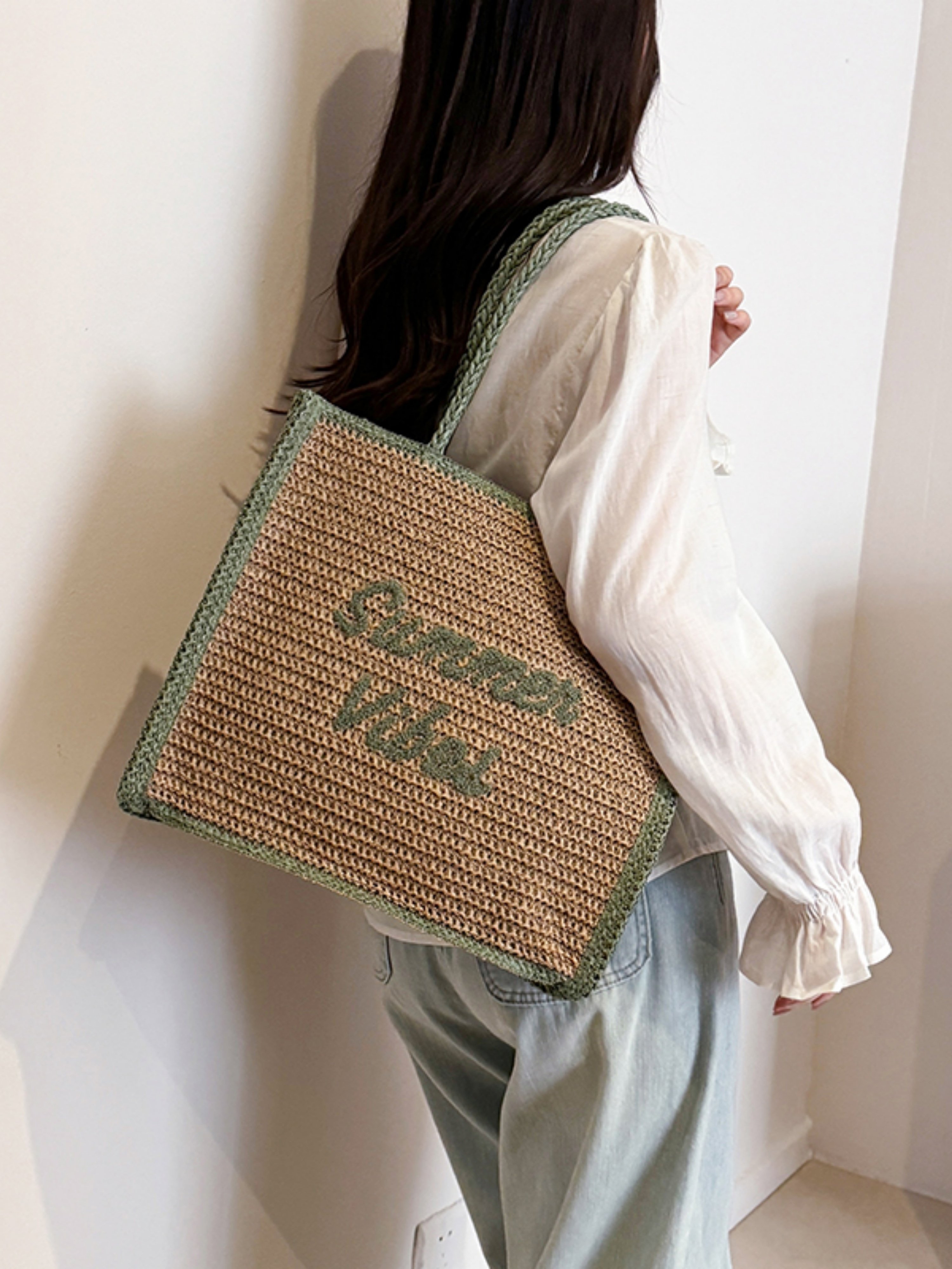Tan Woven Tote Bag with Green Trim