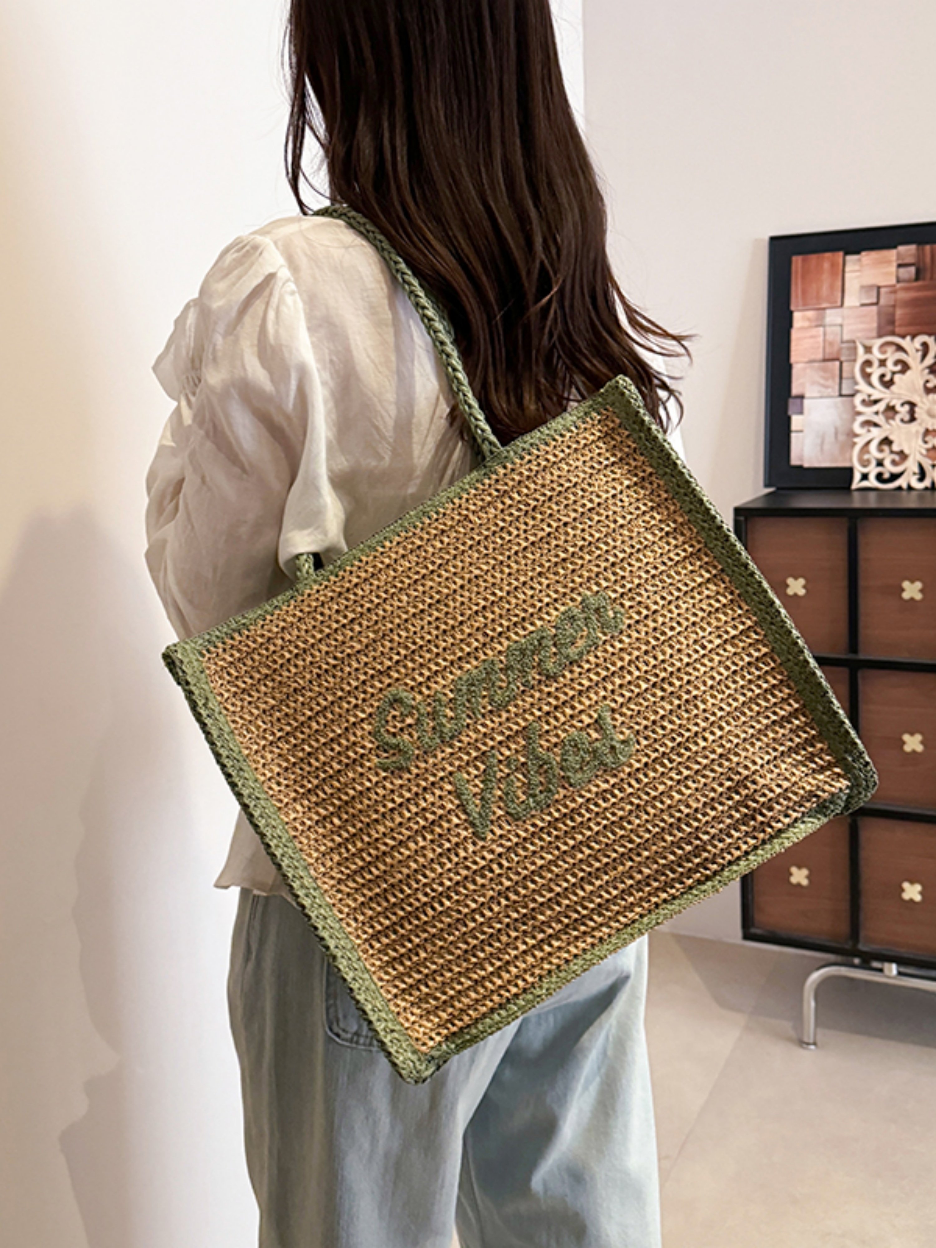 Tan Woven Tote Bag with Green Trim
