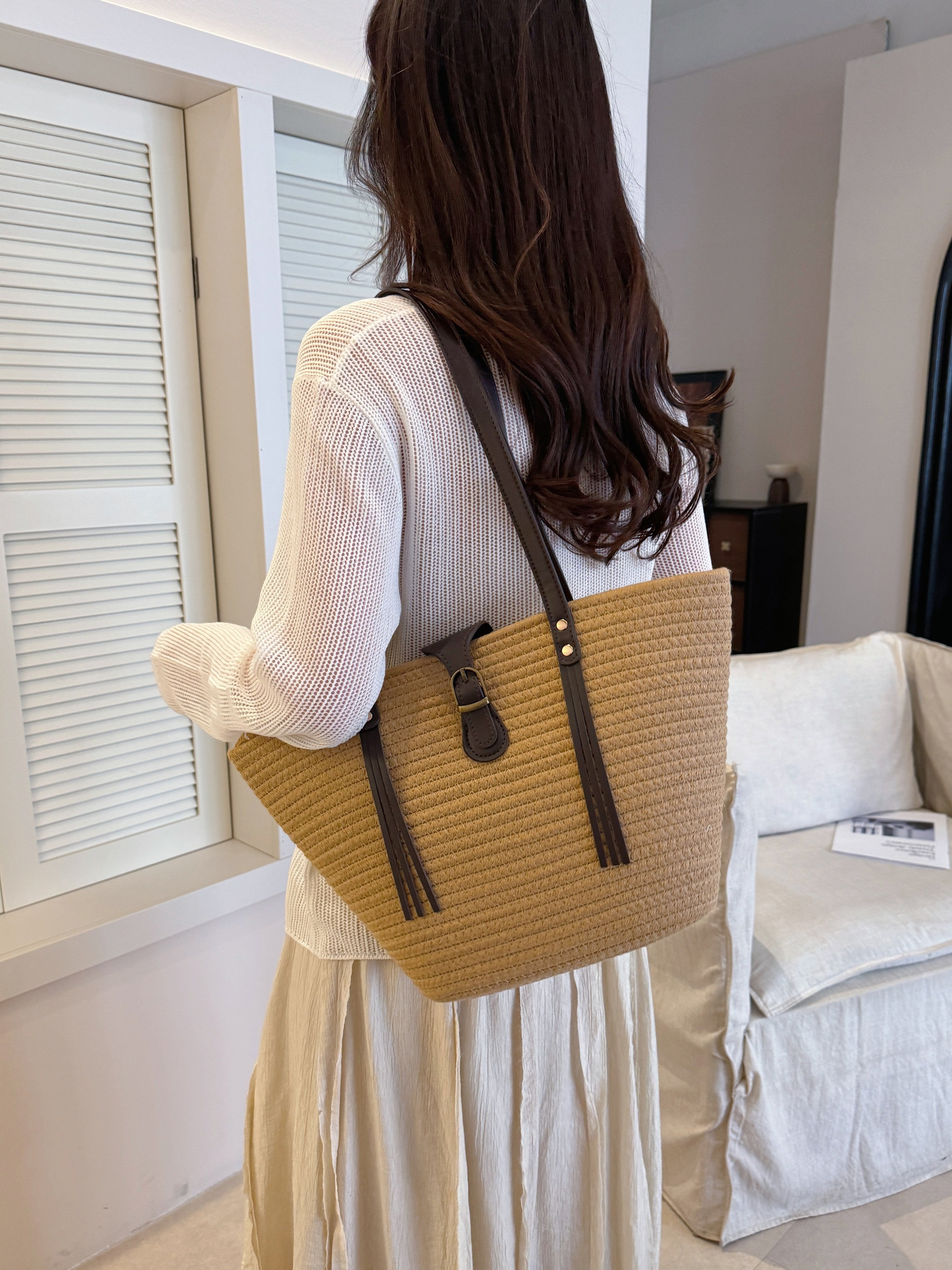 Khaki Woven Tote Shoulder Bag