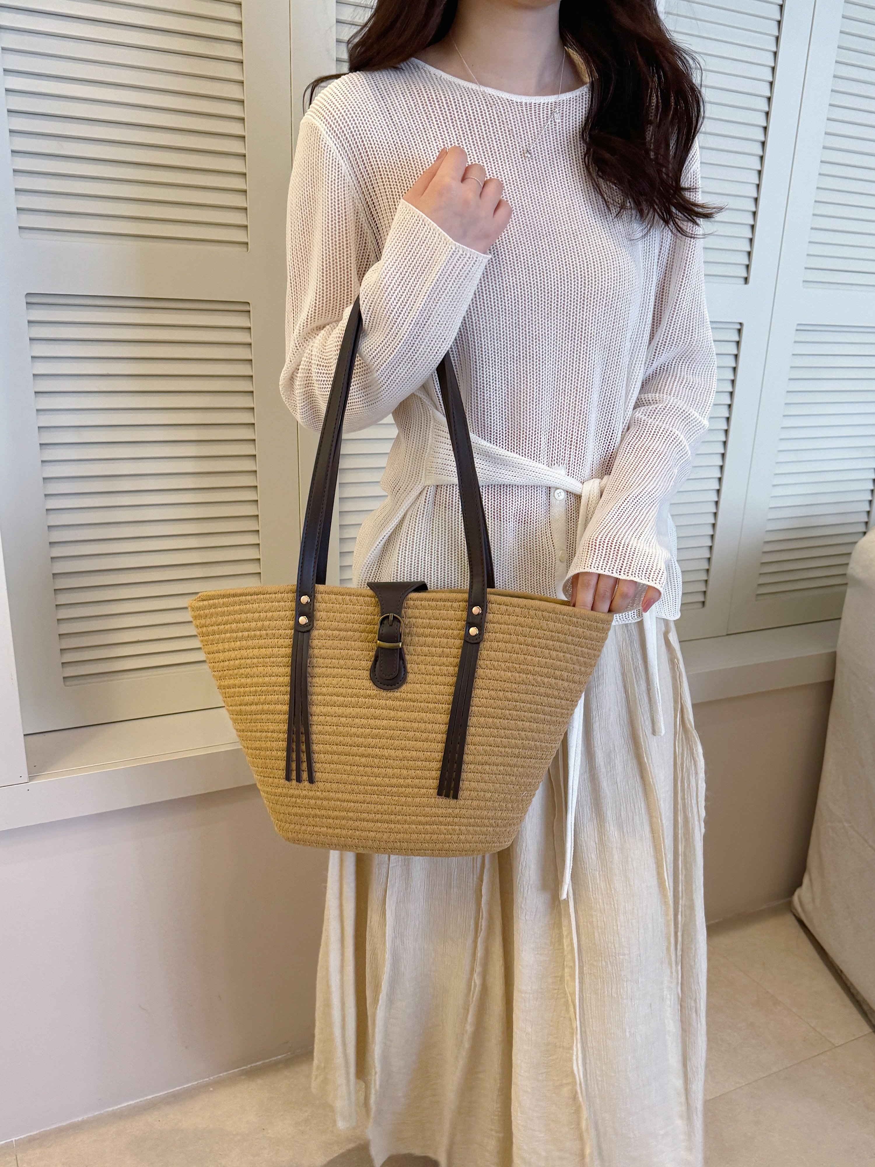 Khaki Woven Tote Shoulder Bag