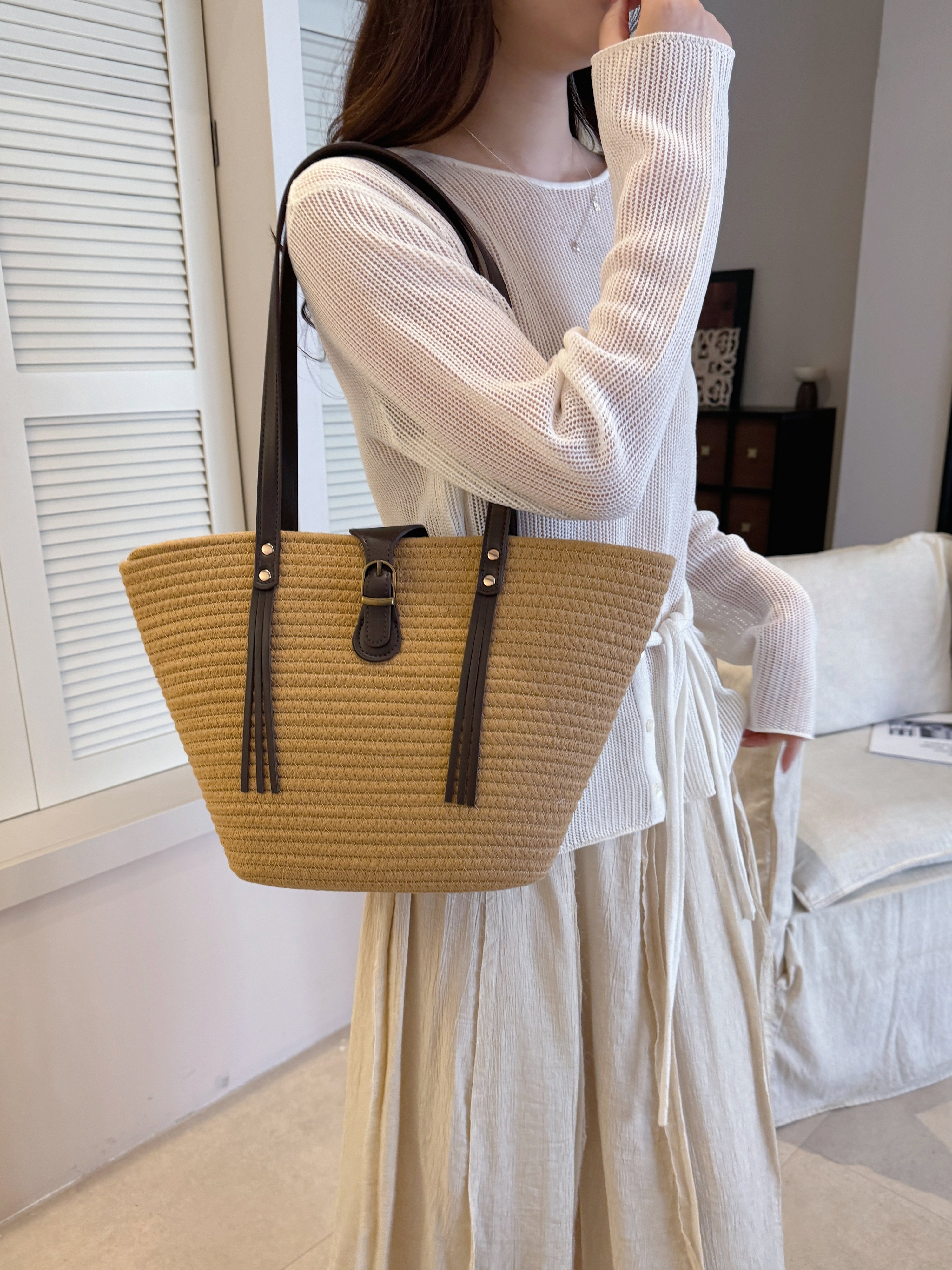 Khaki Woven Tote Shoulder Bag