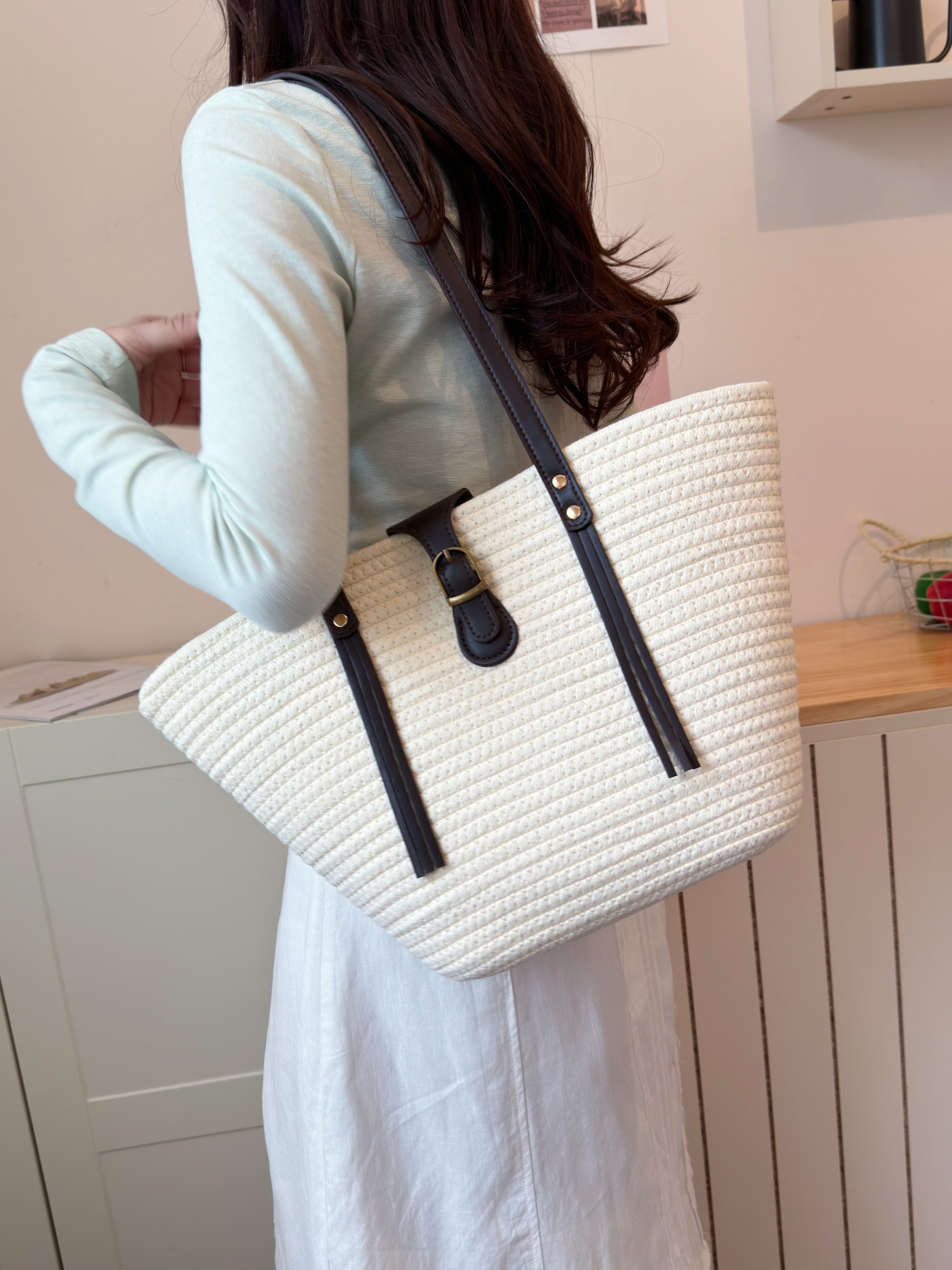 Off-White Woven Tote Shoulder Bag