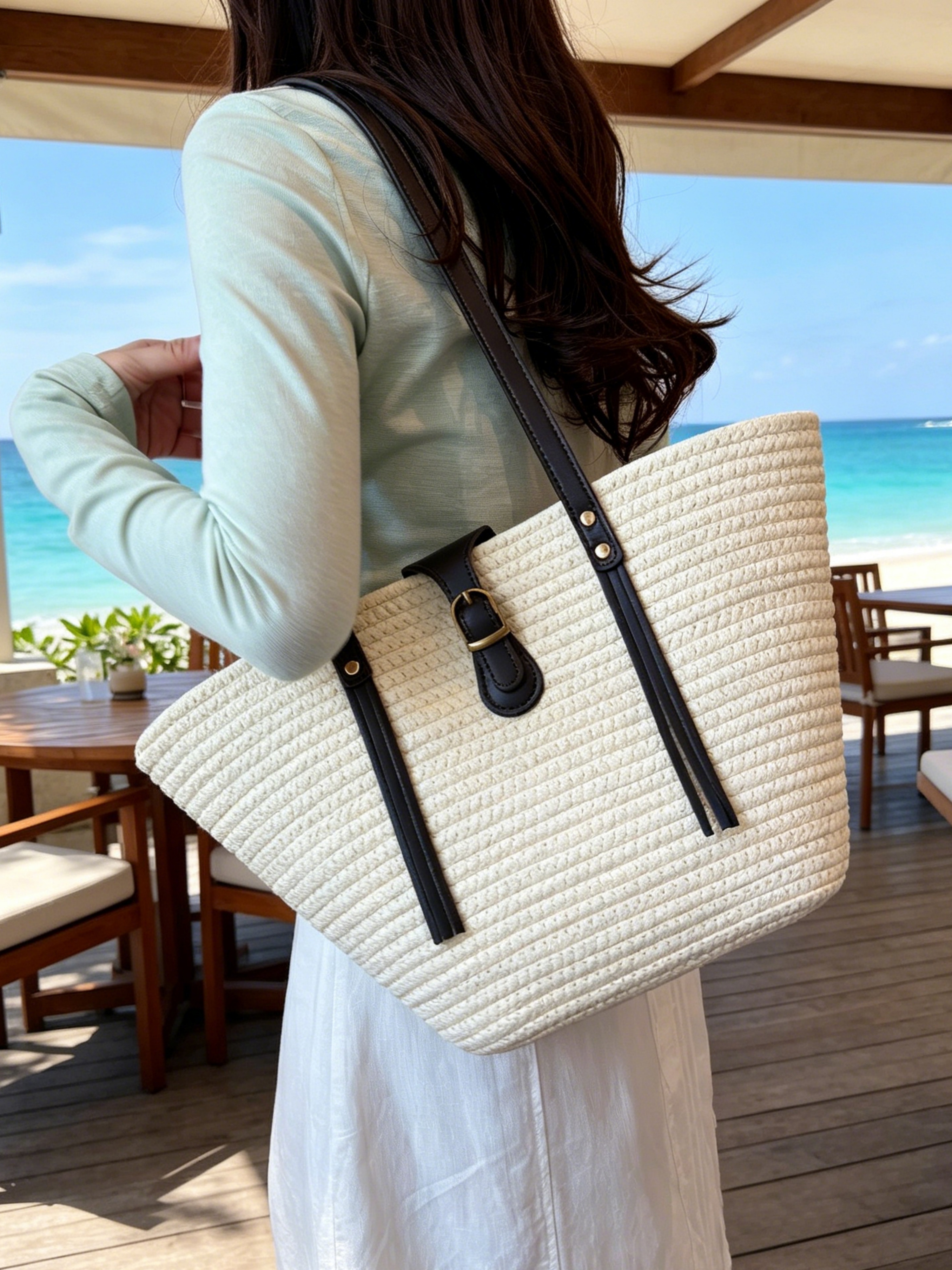 Off-White Woven Tote Shoulder Bag