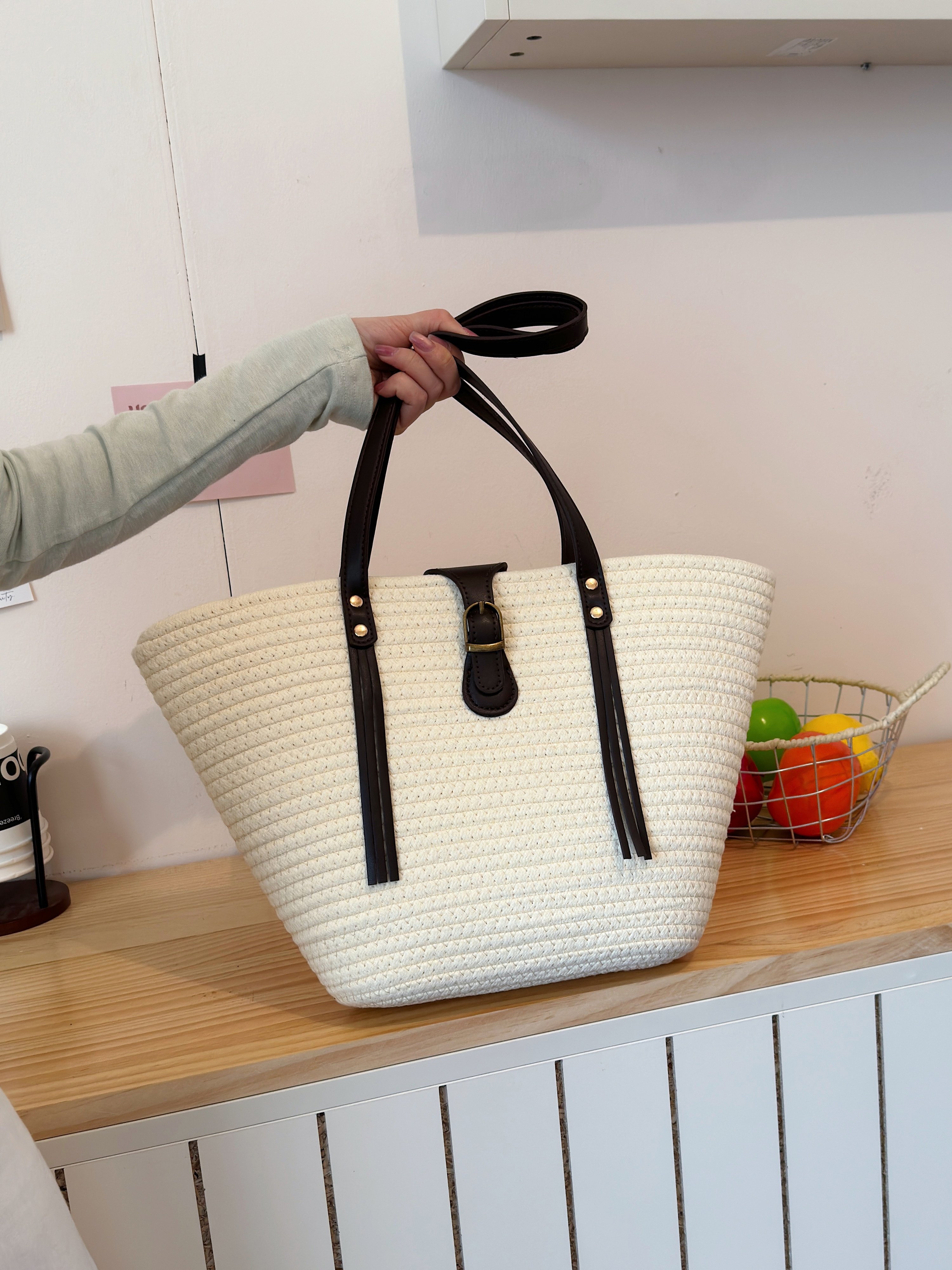 Off-White Woven Tote Shoulder Bag