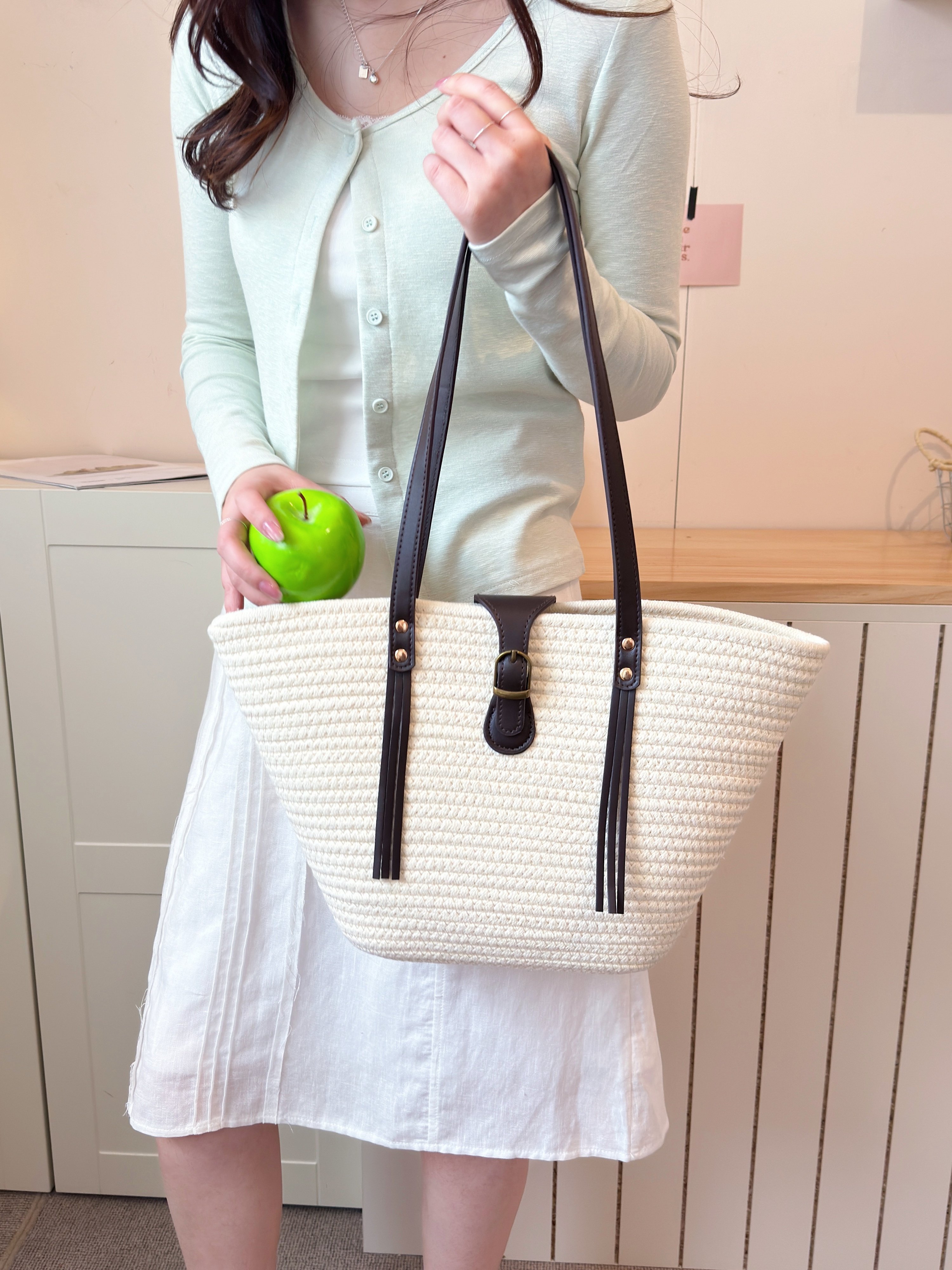 Off-White Woven Tote Shoulder Bag