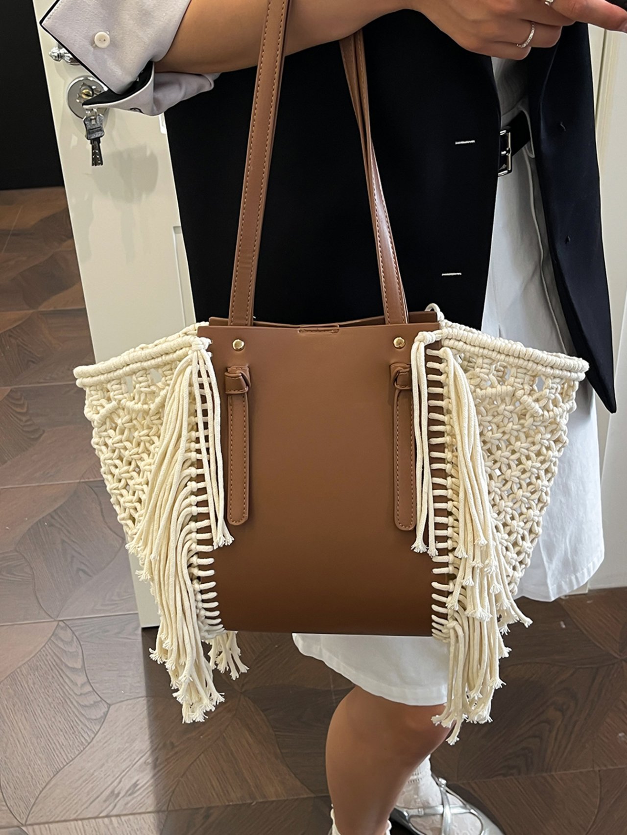 Brown Macrame Trim Tote Bag