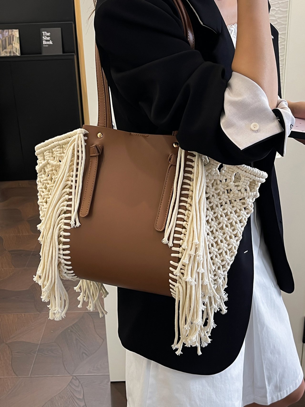 Brown Macrame Trim Tote Bag