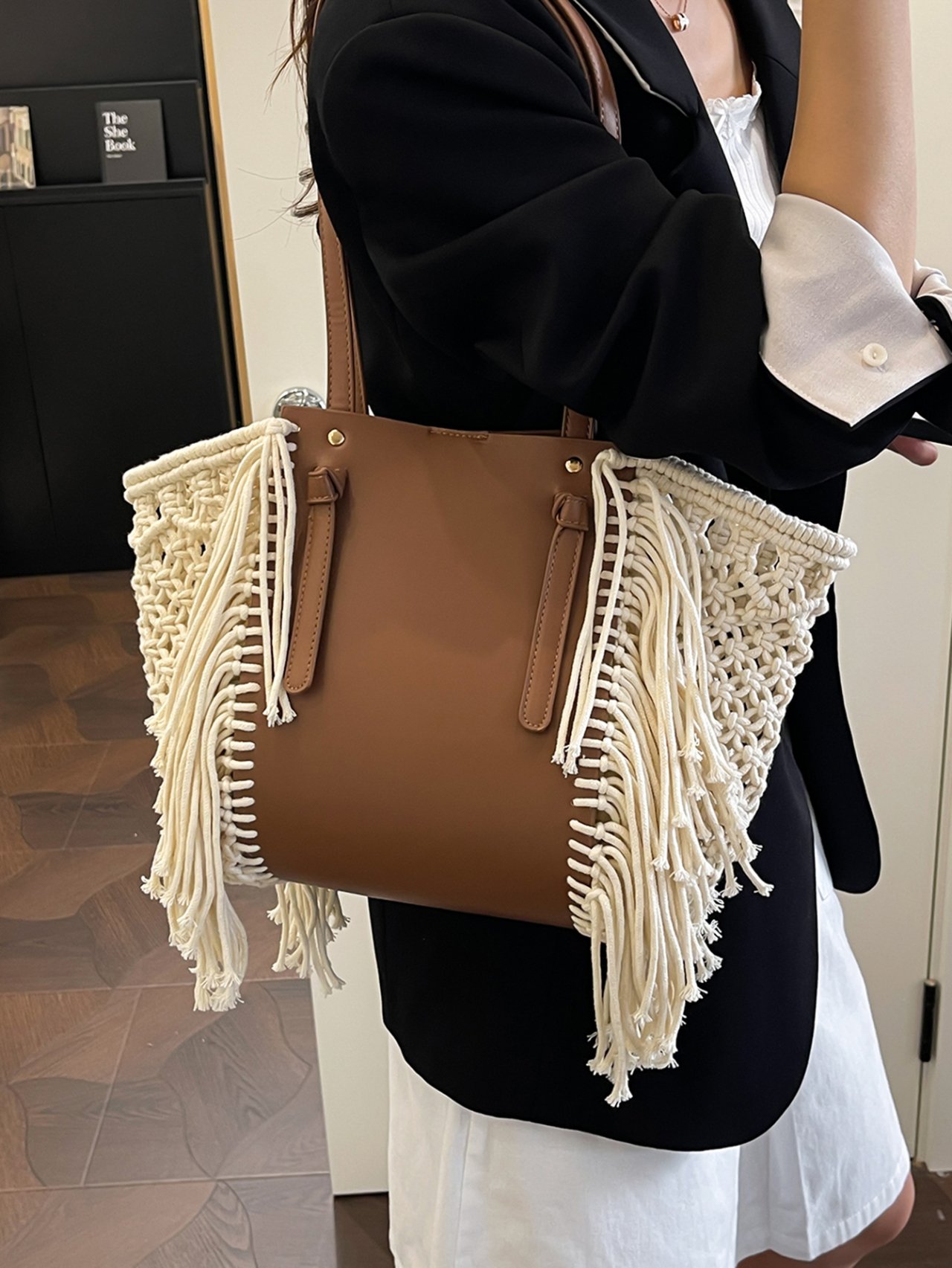 Brown Macrame Trim Tote Bag