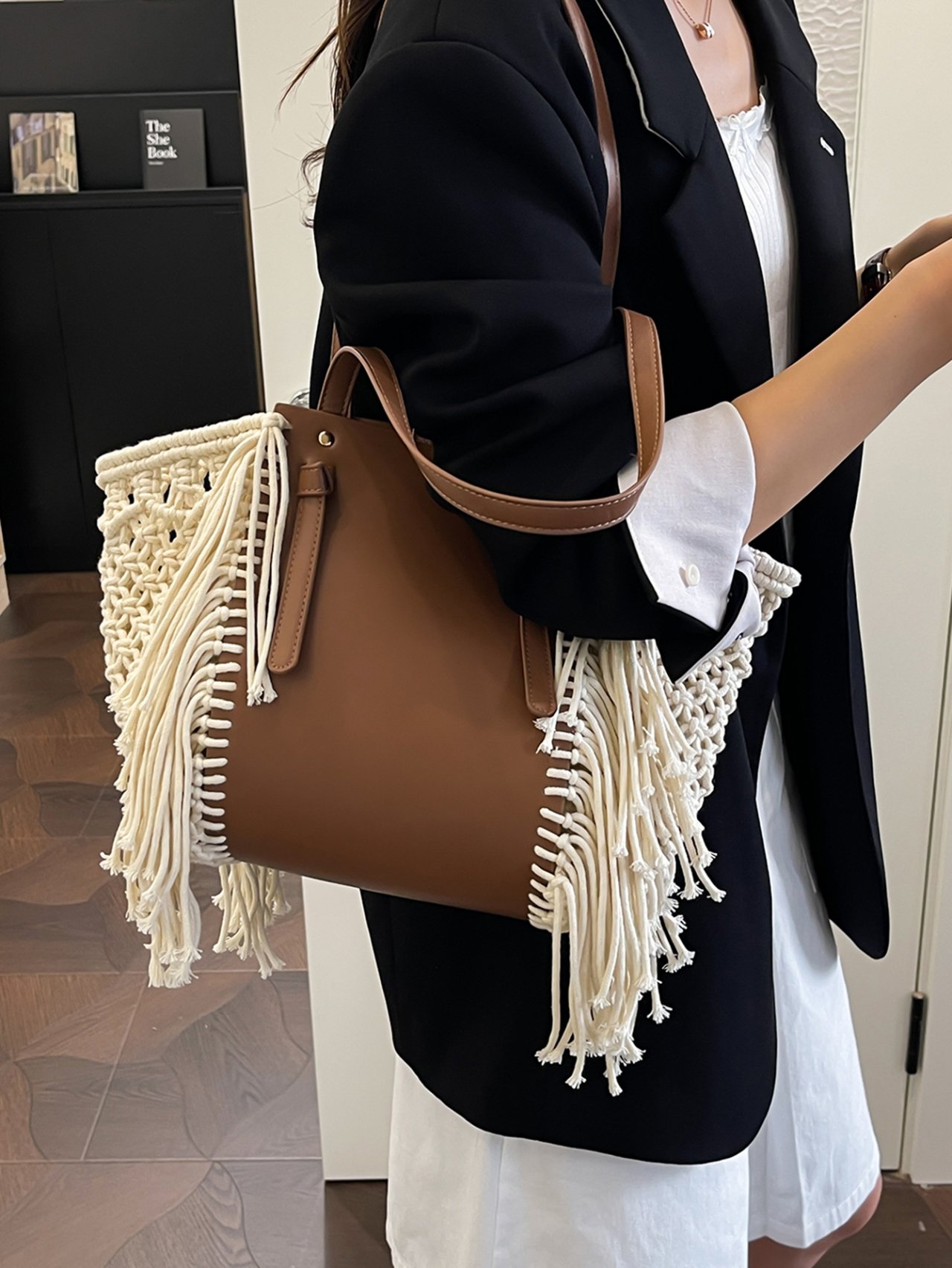 Brown Macrame Trim Tote Bag