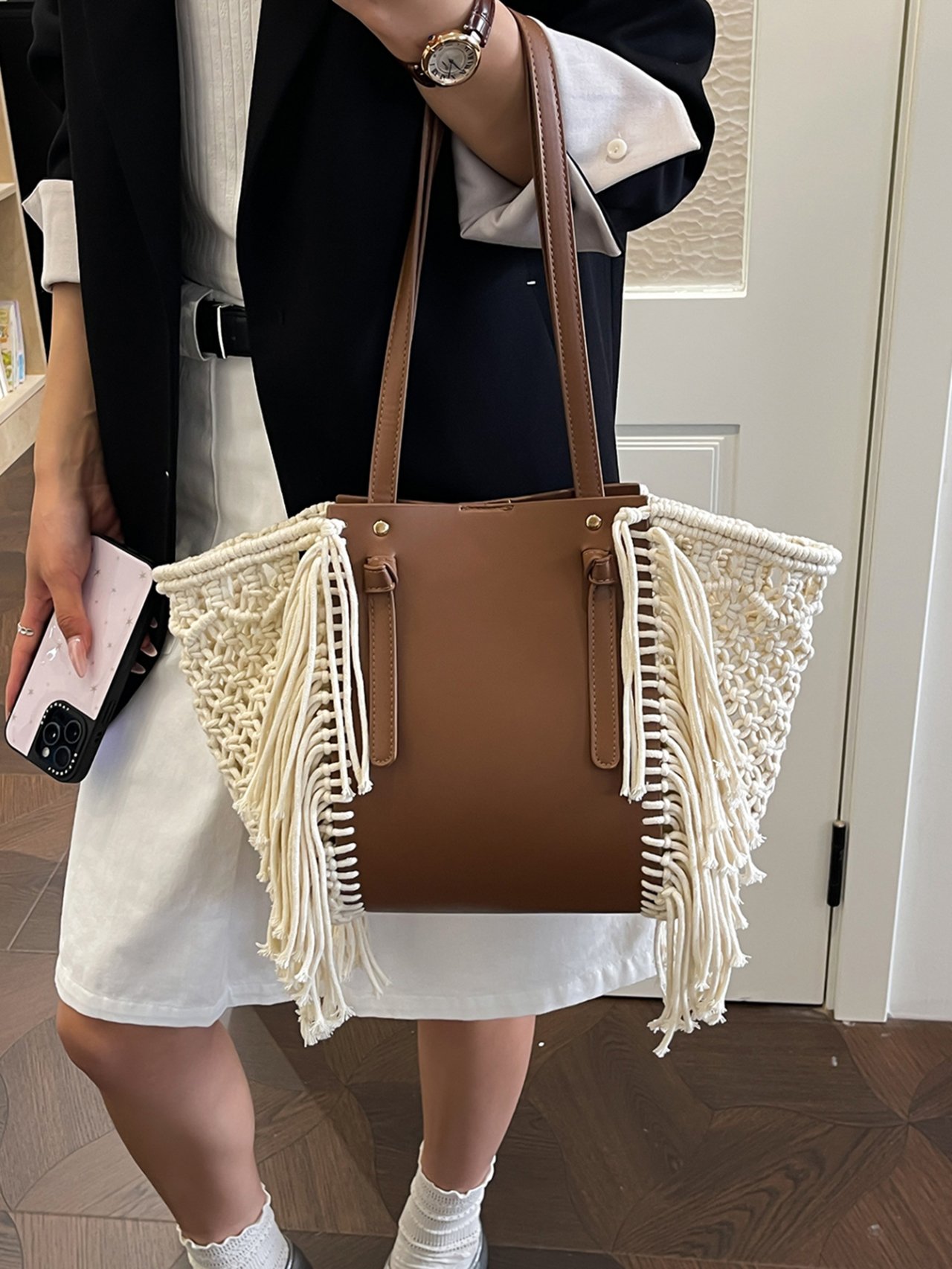 Brown Macrame Trim Tote Bag