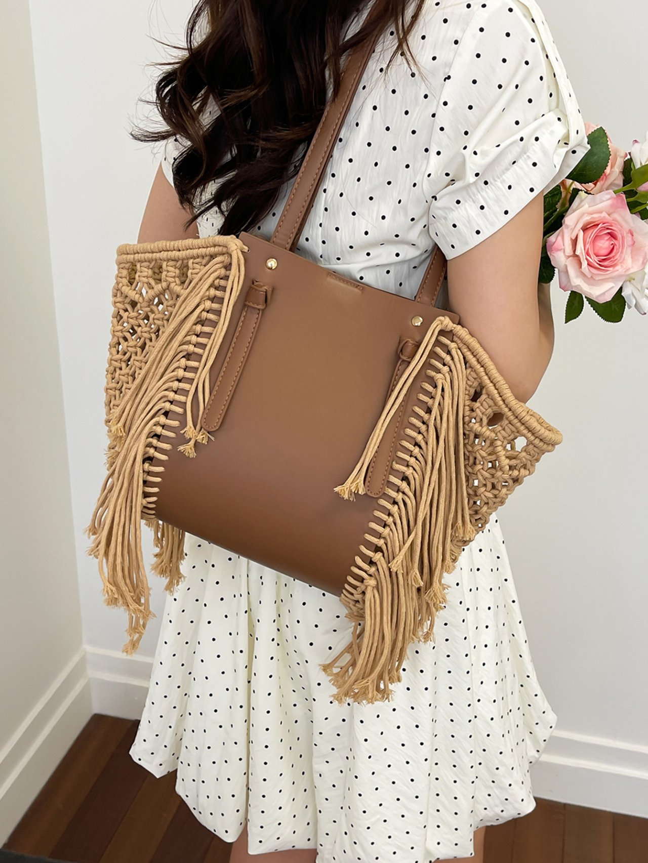 Khaki Woven Fringe Tote Bag
