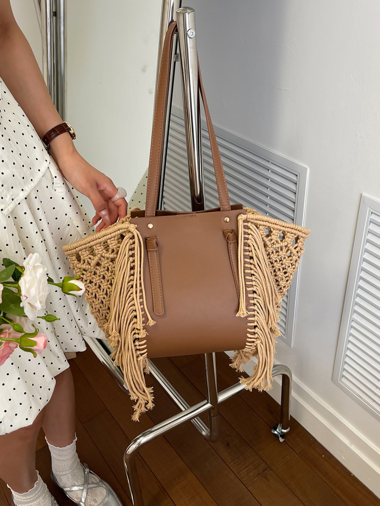 Khaki Woven Fringe Tote Bag