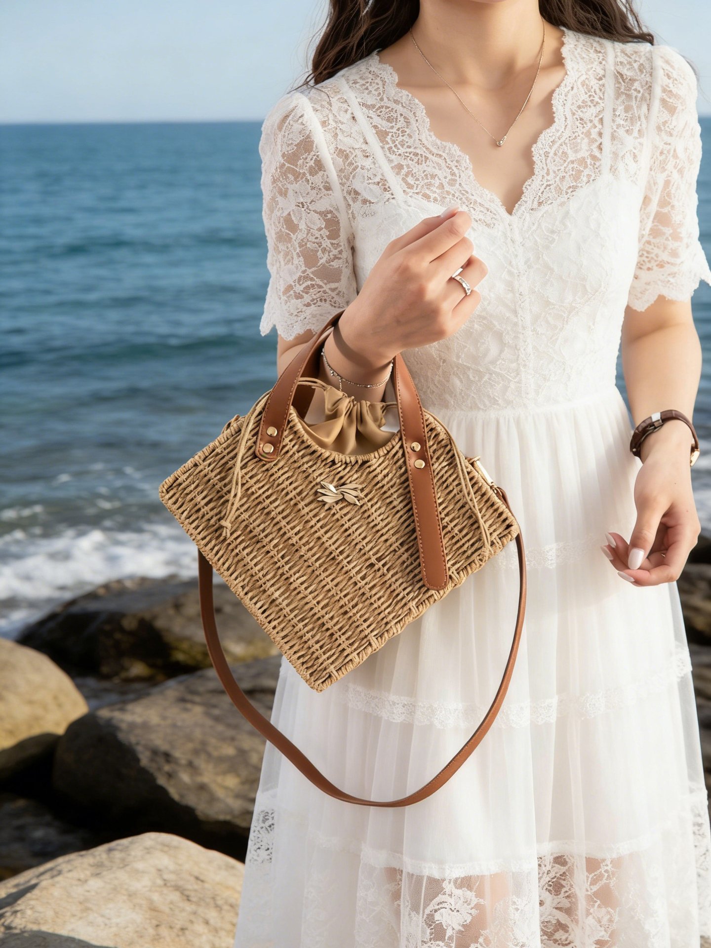 Khaki Woven Straw Crossbody Bag with Strap