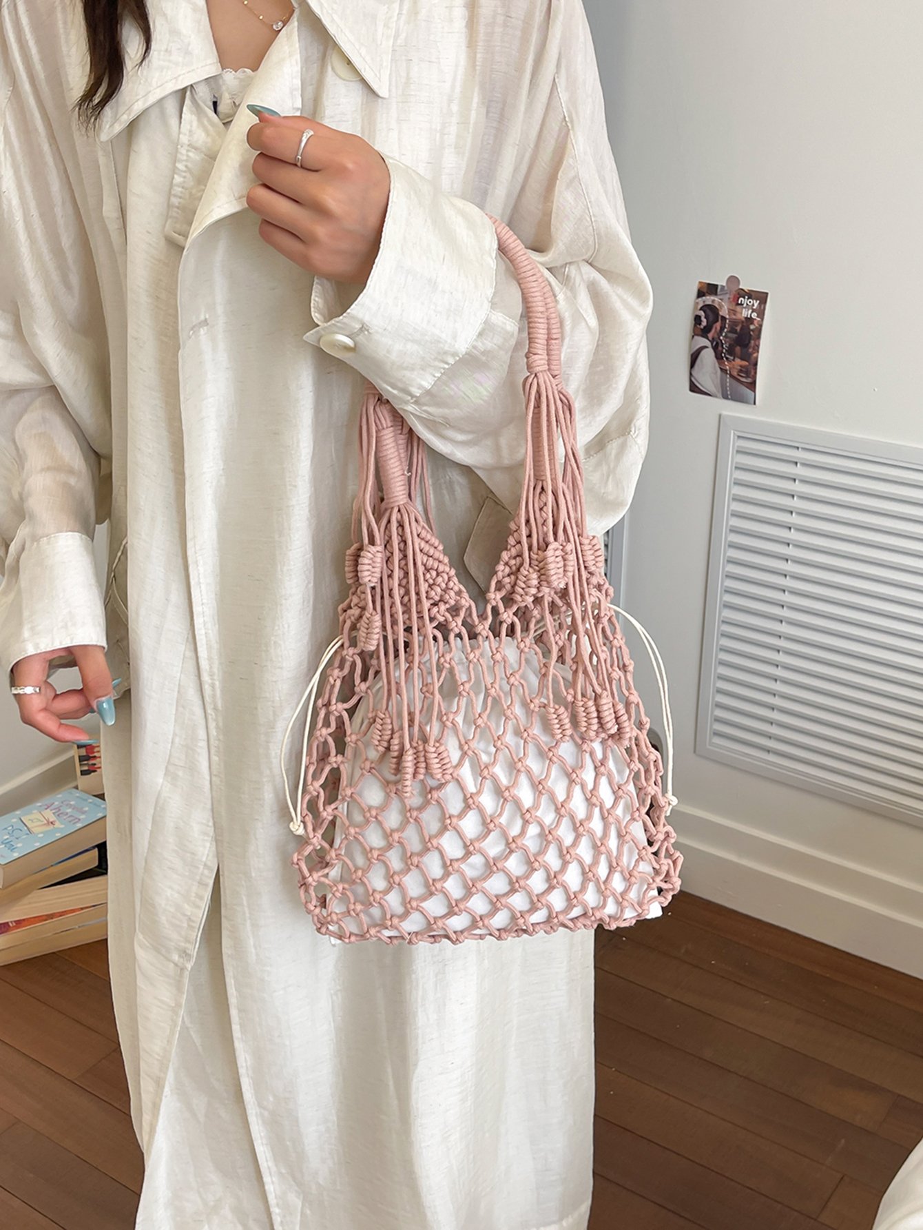 Pink Macrame Hobo Shoulder Bag