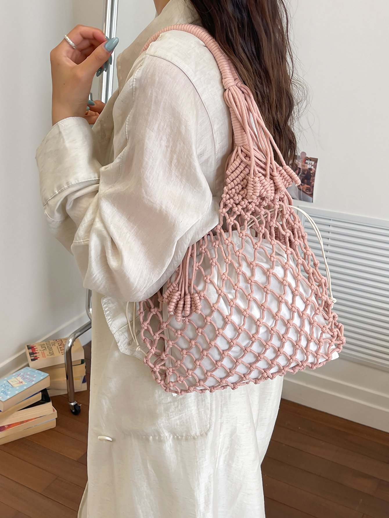 Pink Macrame Hobo Shoulder Bag