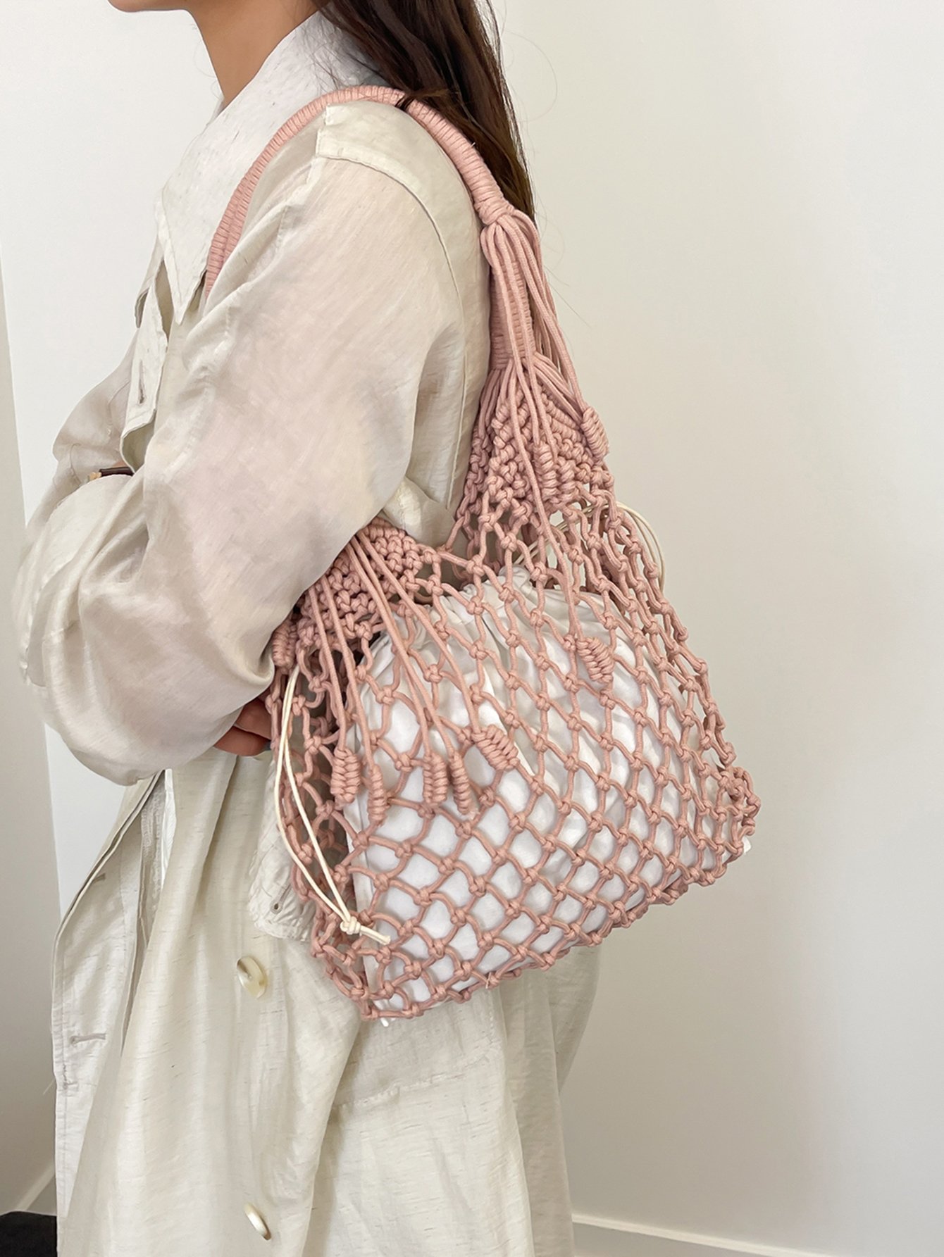Pink Macrame Hobo Shoulder Bag