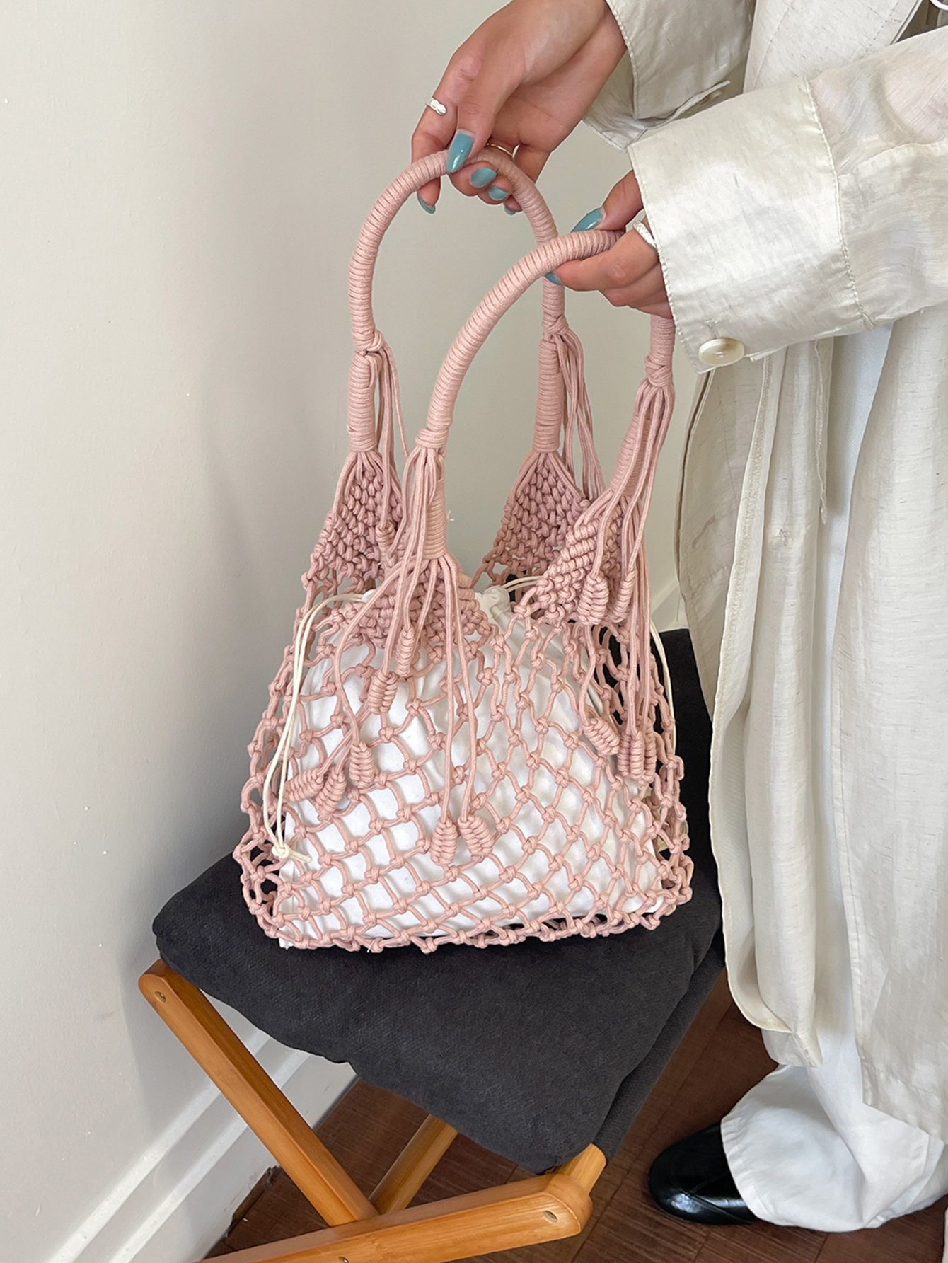 Pink Macrame Hobo Shoulder Bag
