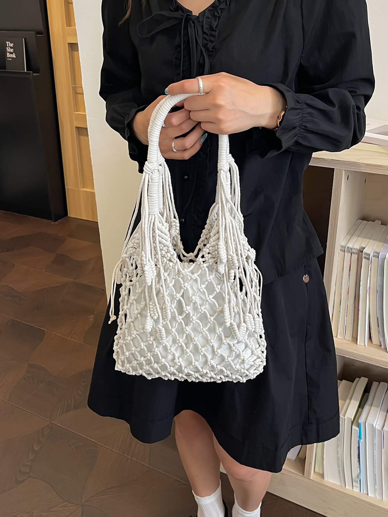White Macrame Hobo Shoulder Bag