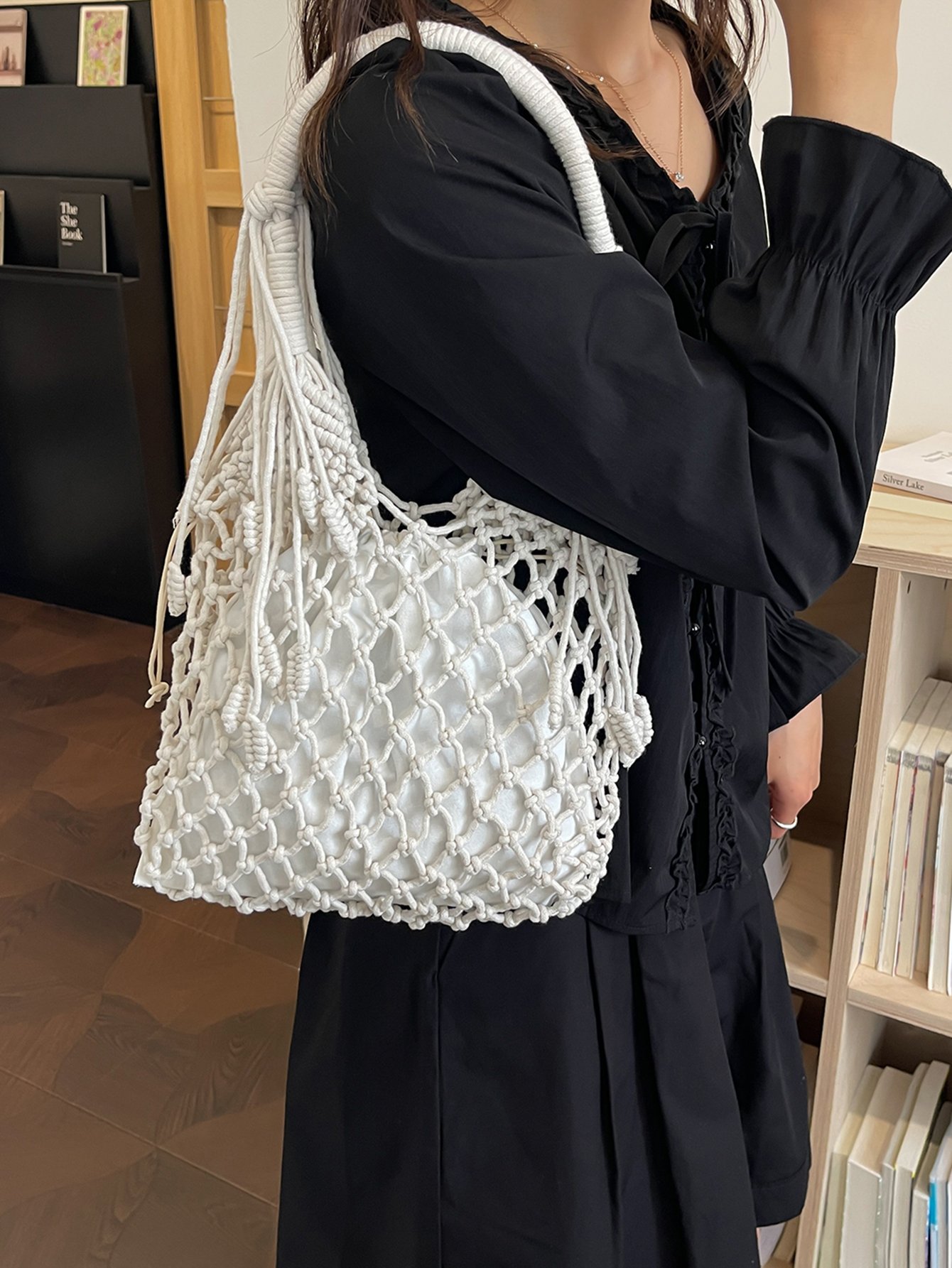 White Macrame Hobo Shoulder Bag