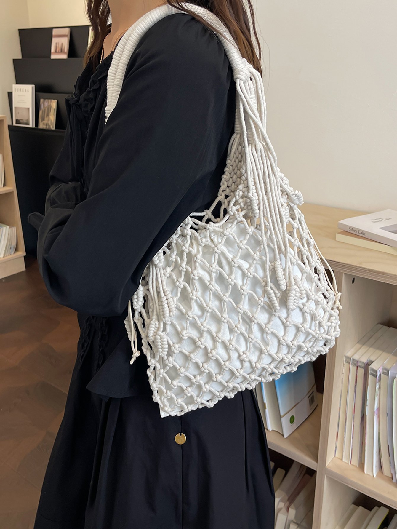 White Macrame Hobo Shoulder Bag