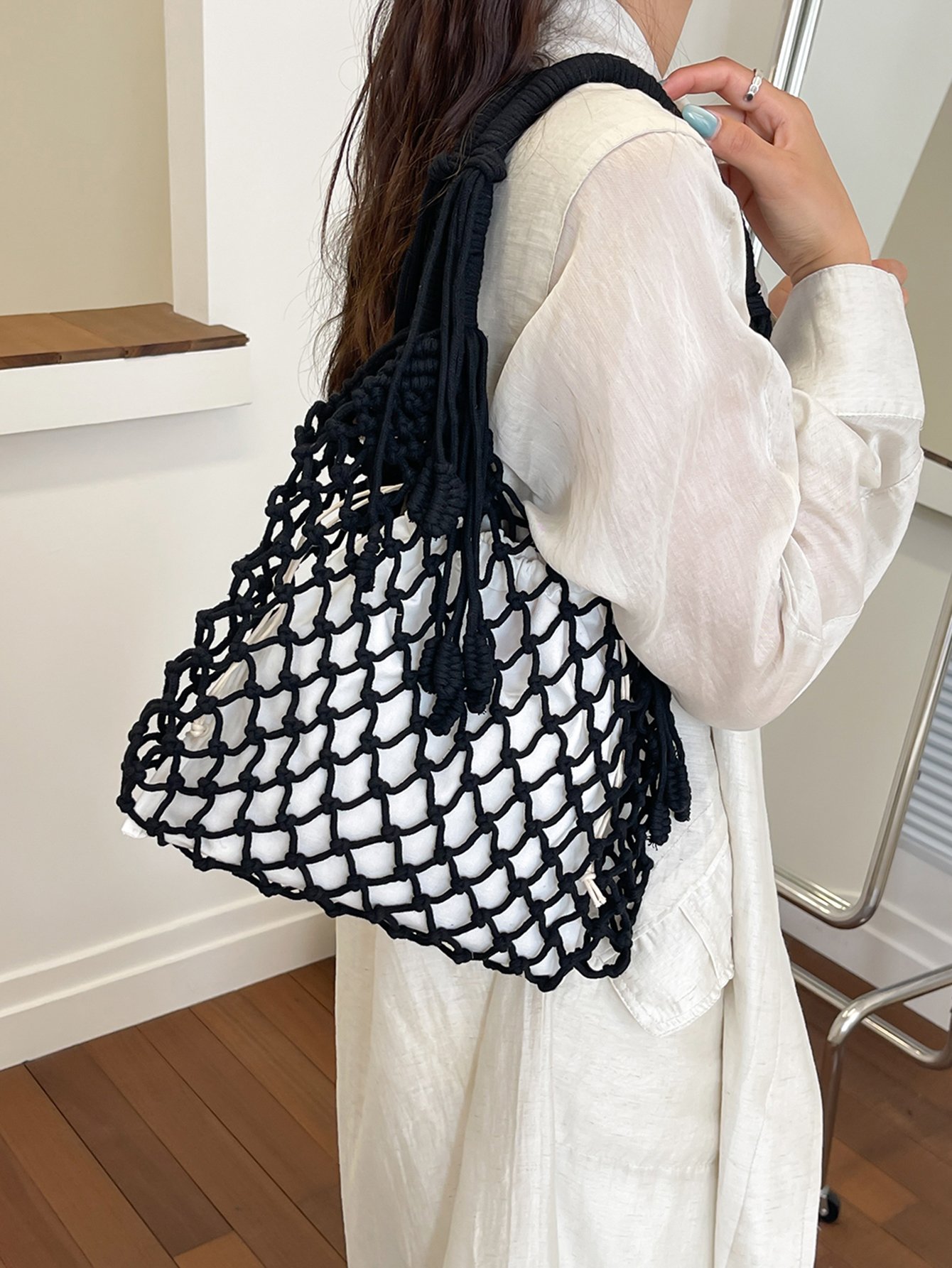Black Macrame Hobo Shoulder Bag with Net Design
