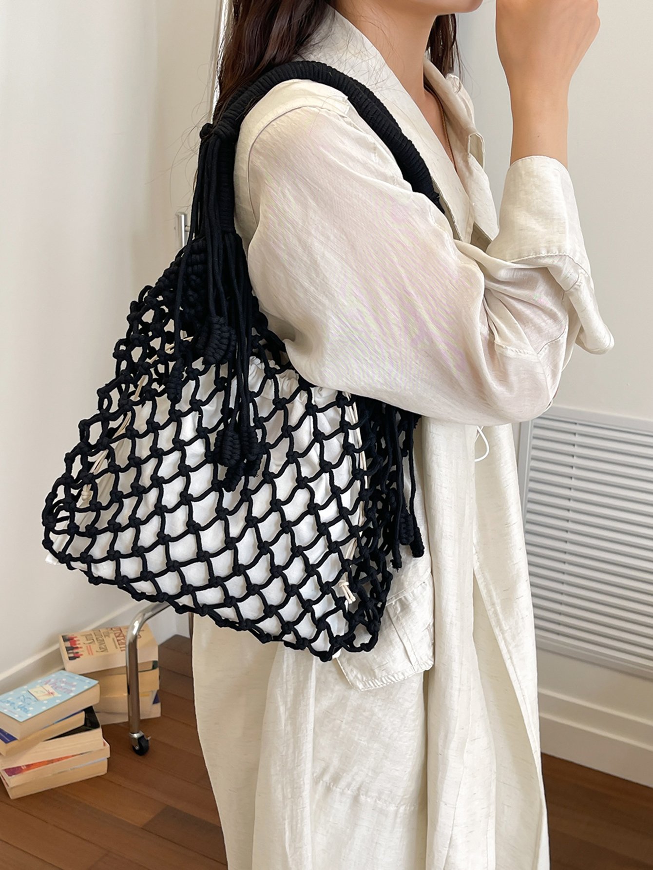 Black Macrame Hobo Shoulder Bag with Net Design
