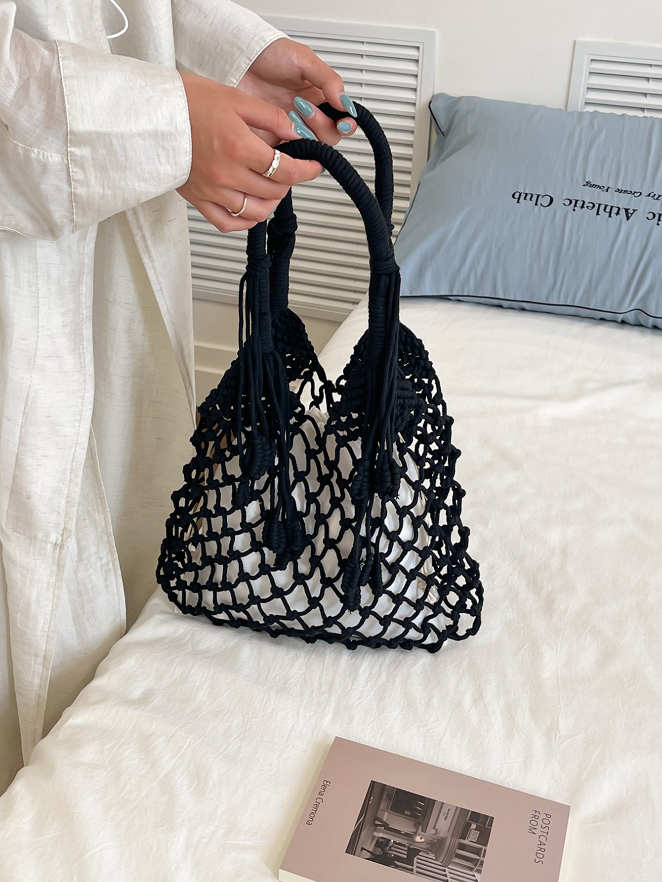 Black Macrame Hobo Shoulder Bag with Net Design