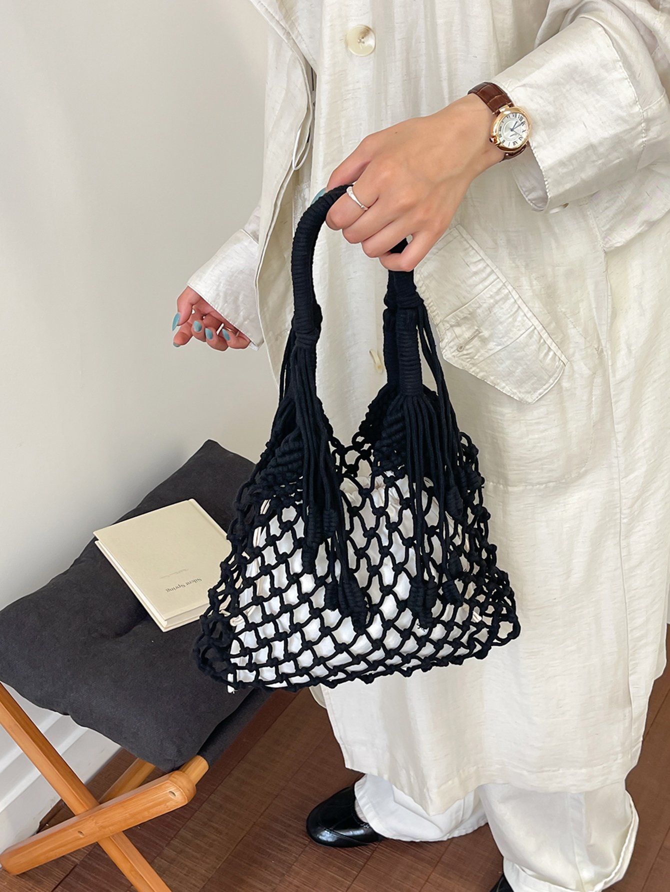 Black Macrame Hobo Shoulder Bag with Net Design